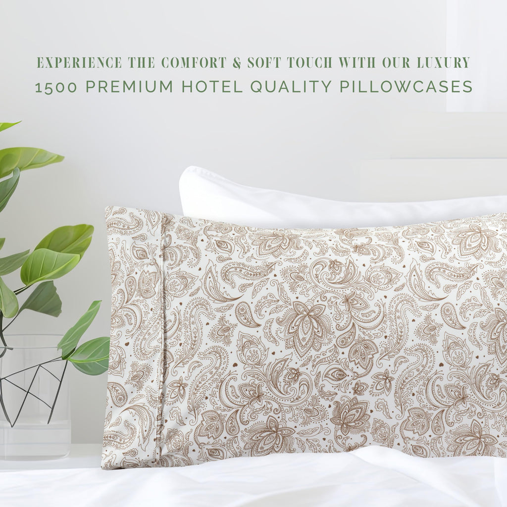 Elegant Comfort Ultra Soft Set Of 2 Floral Print Pillowcases - 1500 Premium Hotel Quality Microfiber, Soft And Smooth Envelope Closure 2-Piece Pillow Covers - Standard/Queen, Paisley Taupe