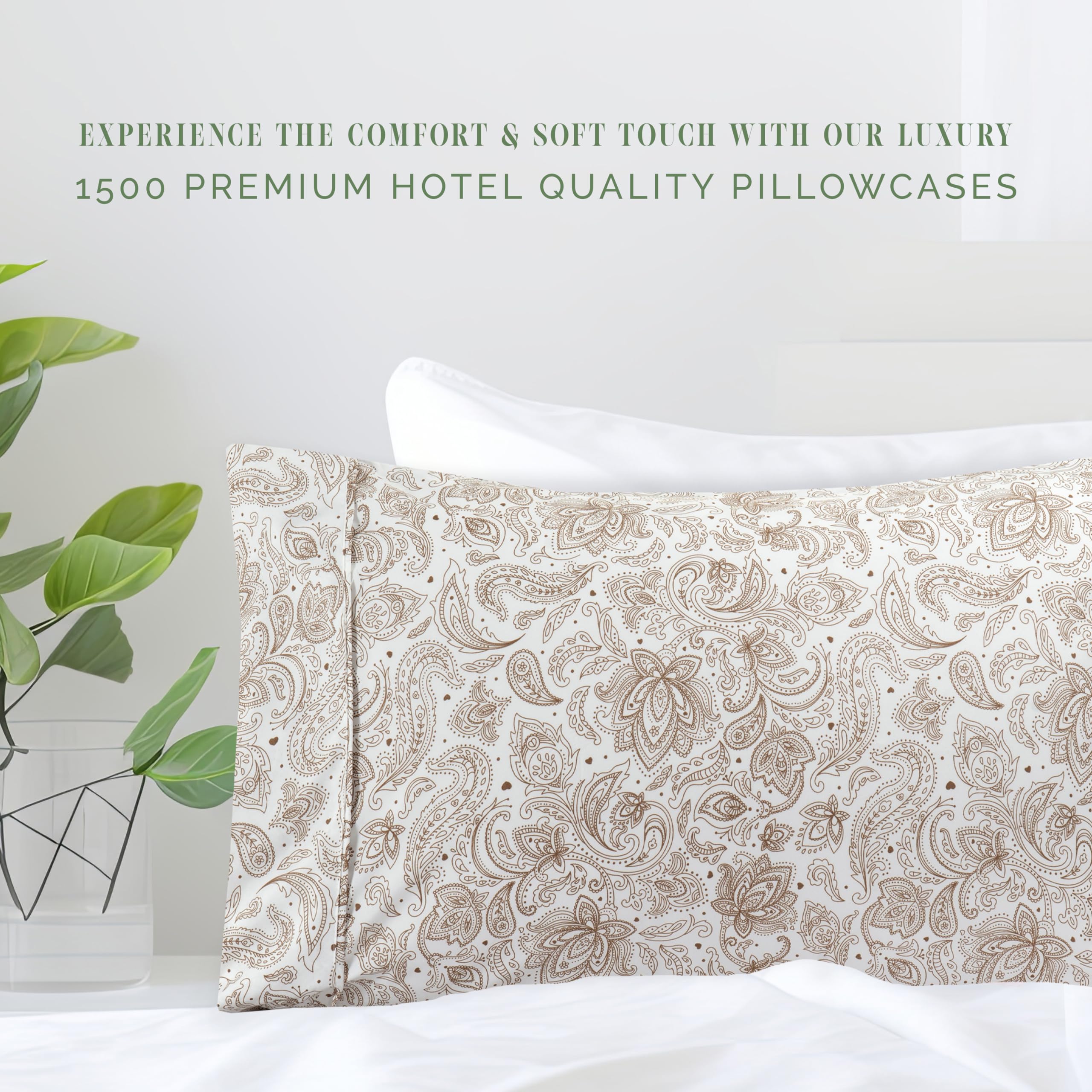 Elegant Comfort Ultra Soft Set Of 2 Floral Print Pillowcases - 1500 Premium Hotel Quality Microfiber, Soft And Smooth Envelope Closure 2-Piece Pillow Covers - Standard/Queen, Paisley Taupe