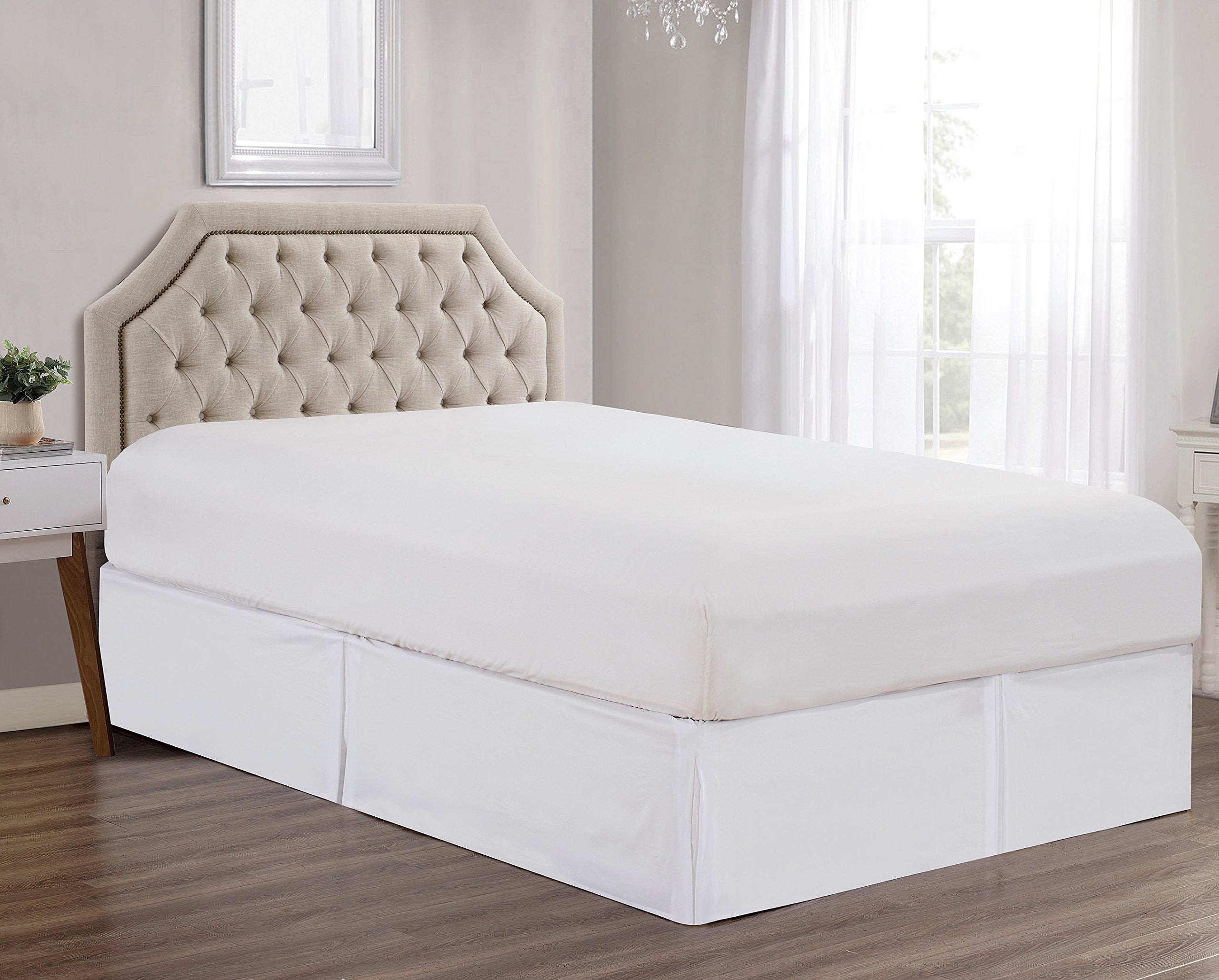 Sheets & Beyond Super Soft Solid Brushed Microfiber 14' Pleated Bed Skirt/Dust Ruffle (Full Size, White)