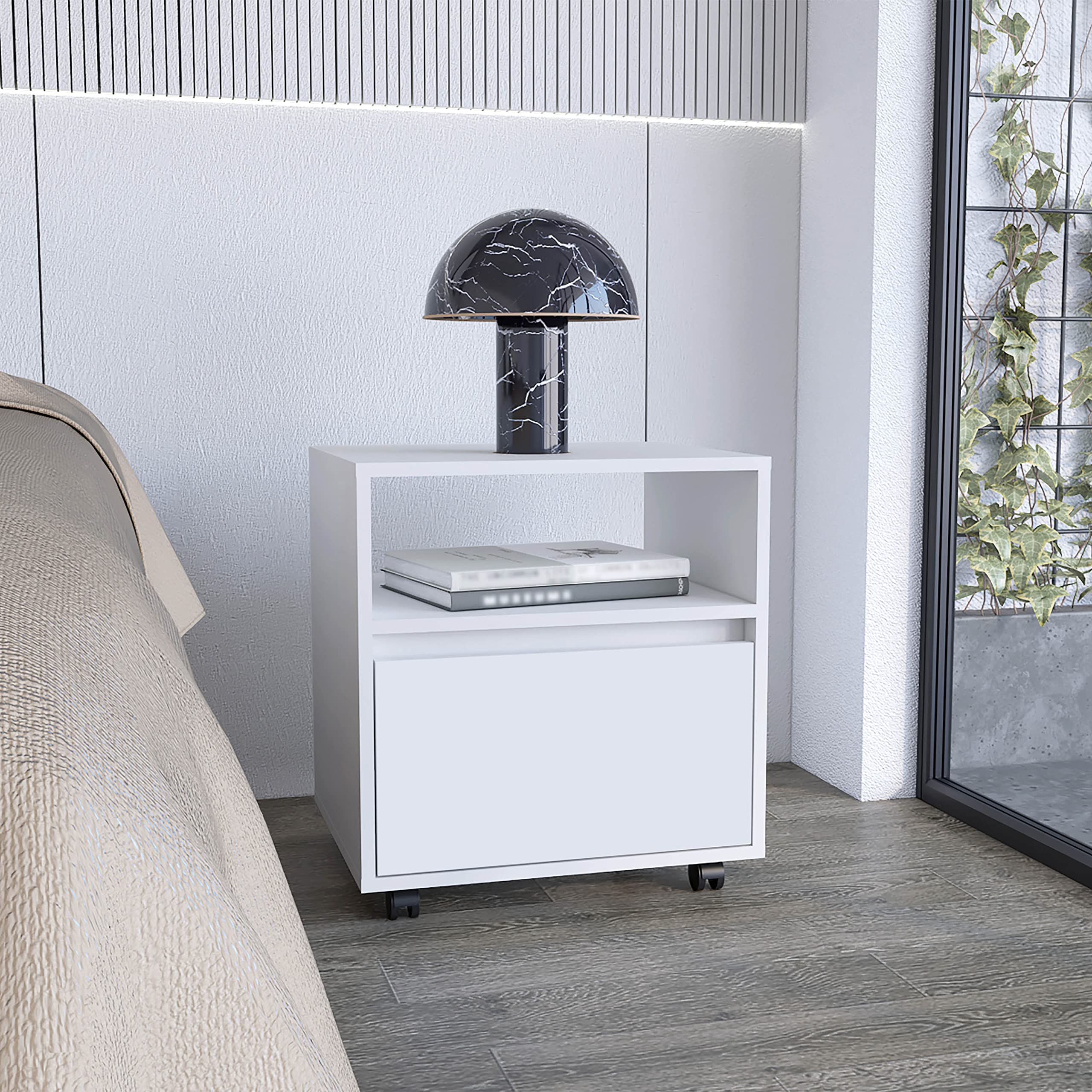Nightstand 20&quot; H, with 1 Open Shelf, 1 Drawer and Casters, White