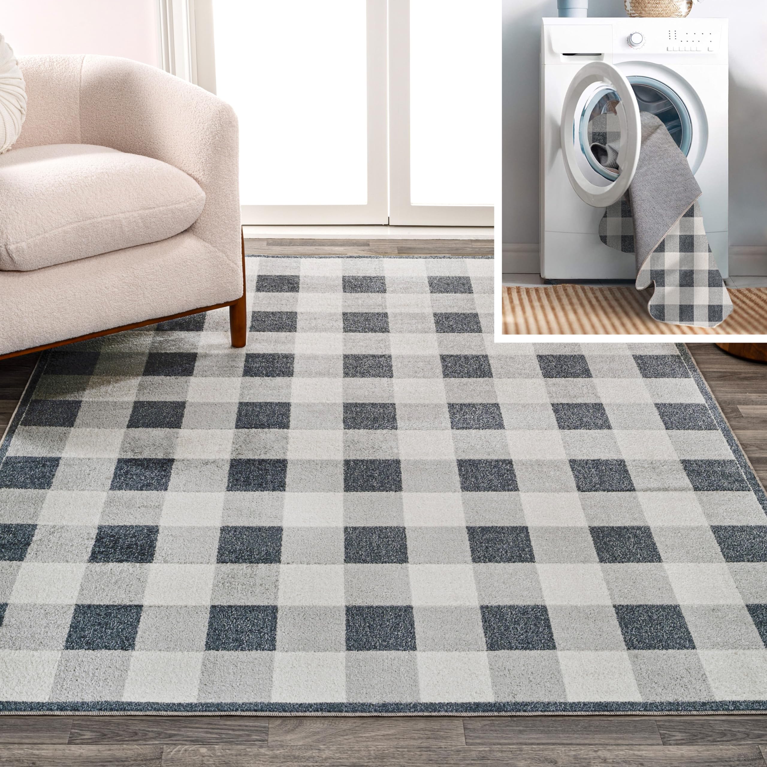 JONATHAN Y WSH303A-8 Gingham Gradient Plaid Cottage Machine-Washable Area Rug, Casual, Minimalist, Rustic, Farmhouse for Living 