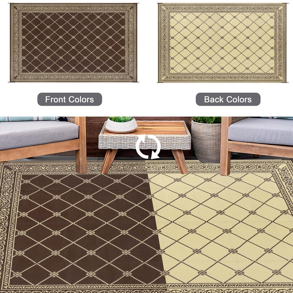 Hiiarug 9X12 Outdoor Rugs Outdoor Patio Rug, Reversible Waterproof Plastic Straw Rug Large Outdoor Rug (9X12Ft, Brown)