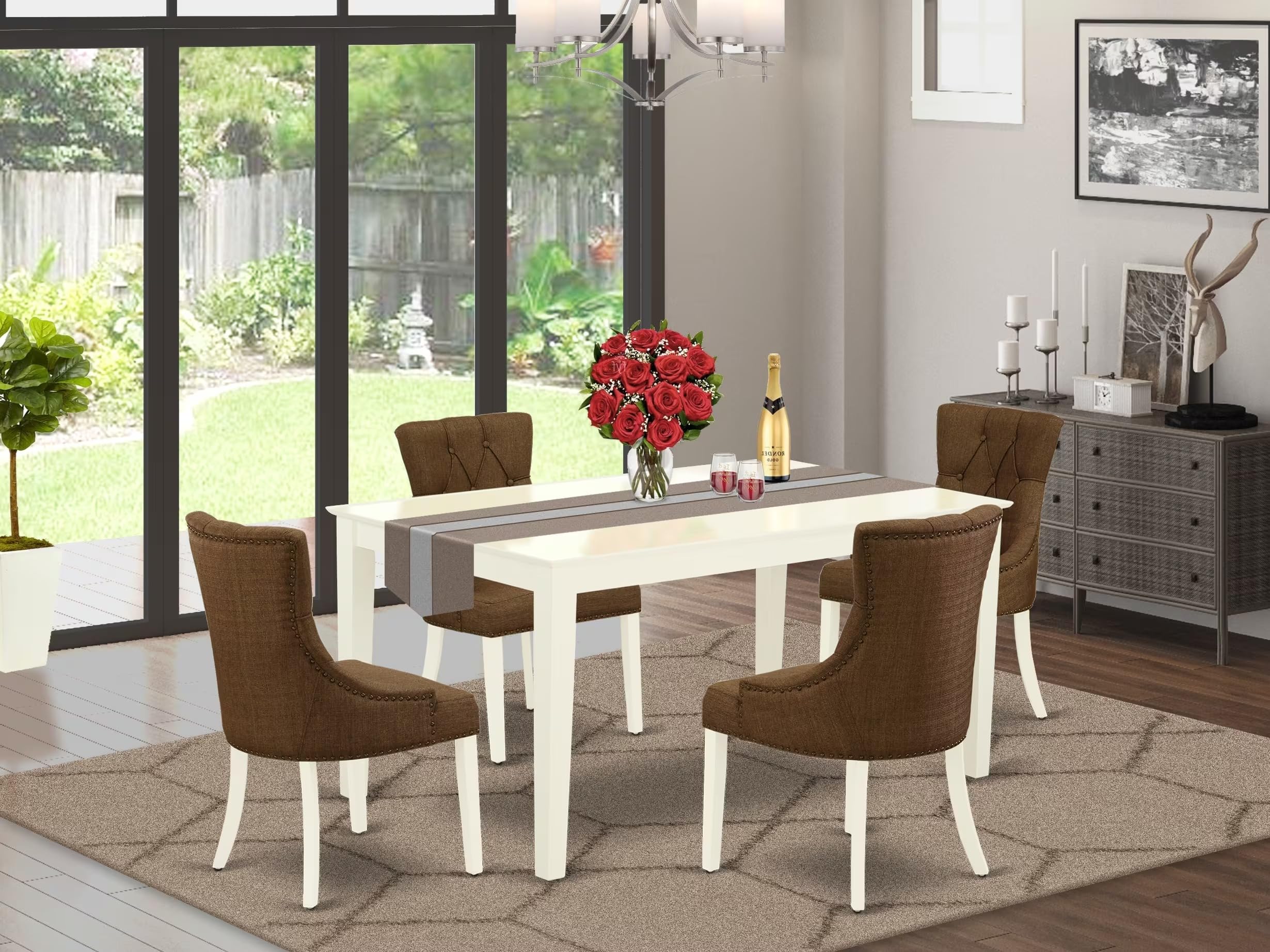 East West Furniture Cafr5-Lwh-18 5 Piece Modern Dining Table Set Includes A Rectangle Wooden Table And 4 Brown Linen Linen Fabric Upholstered Parson Chairs, 36X60 Inch, Linen White