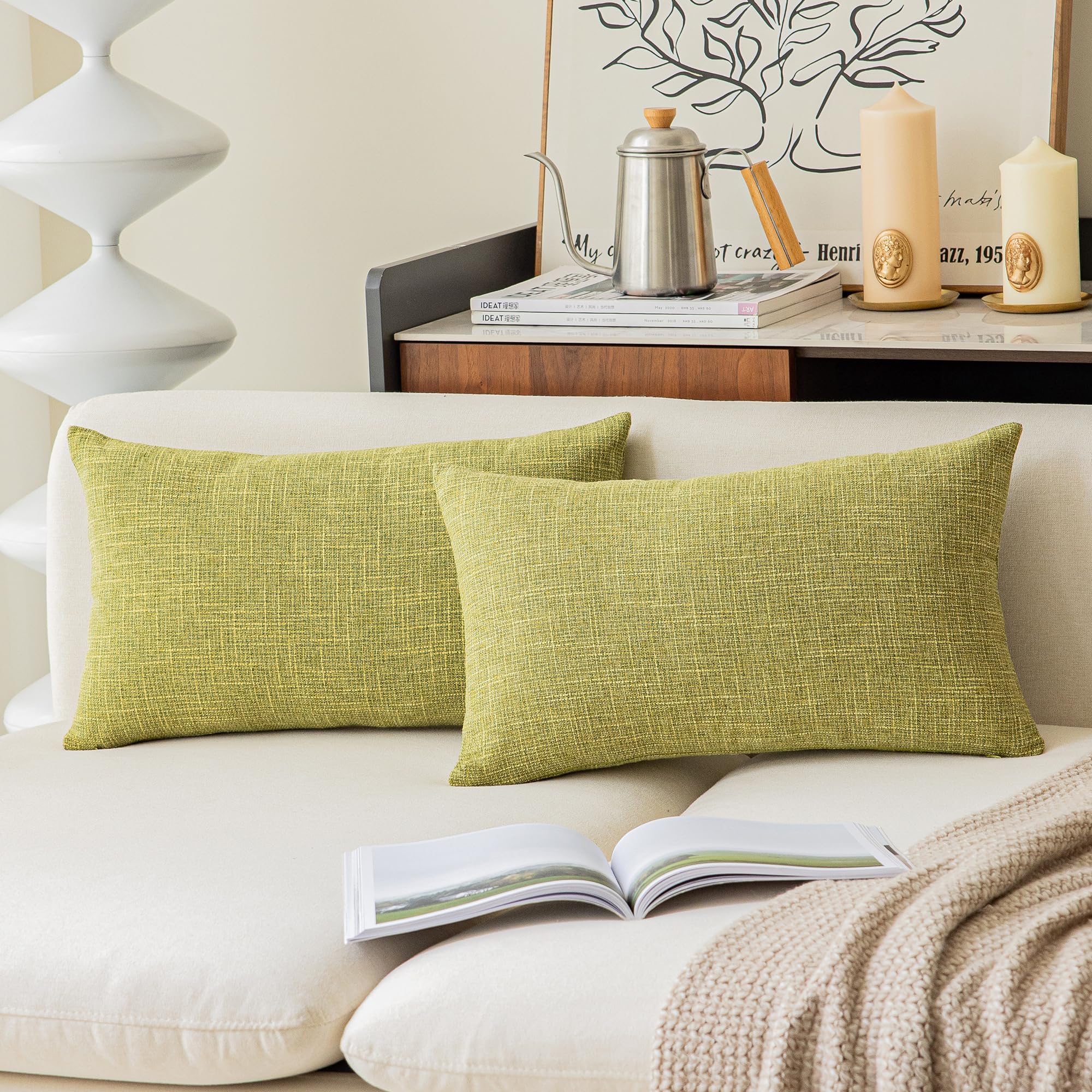 Kevin Textile Pack Of 2, Decorative 2 Tone Linen Pillow Covers Cushion Cover For Chair/Sofa/Bed/Car, 12 X 20 Inches,Linden Green