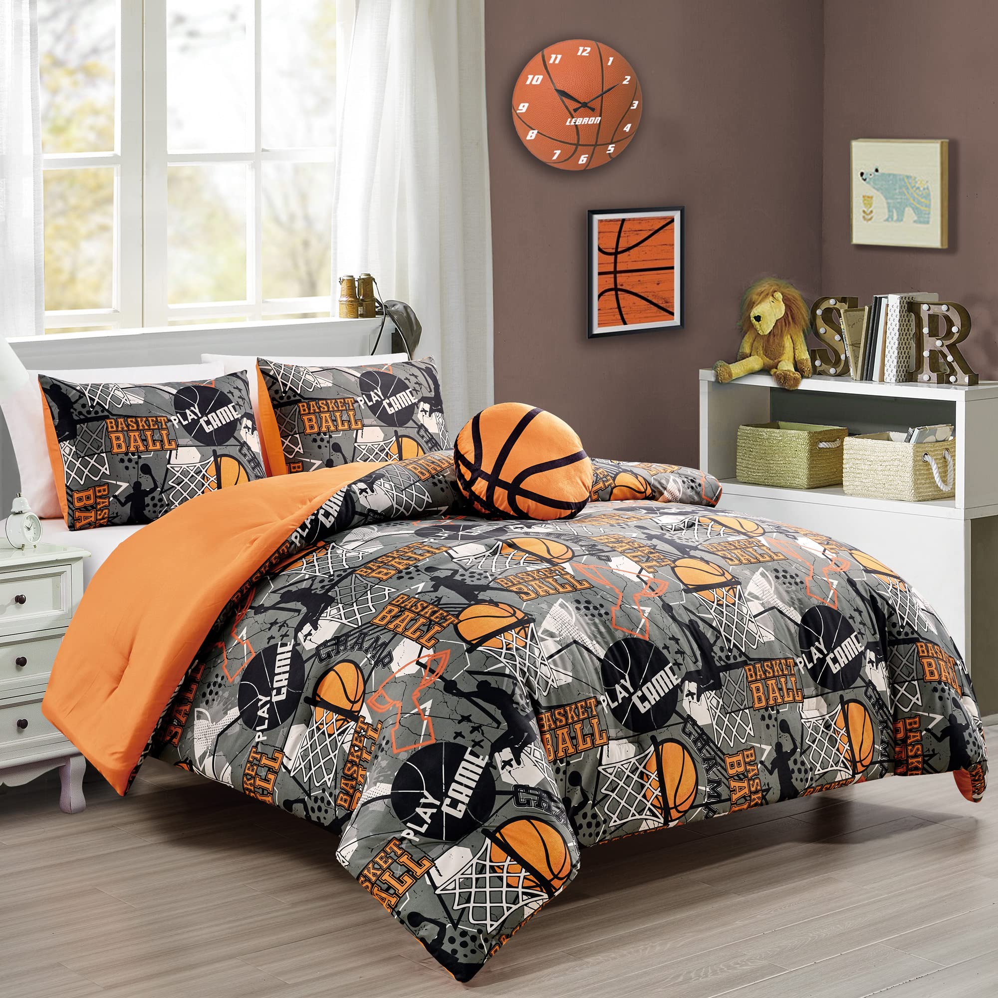 Chezmoi Collection 3-Piece Kids Bedding Comforter Set - Soft Microfiber Gray Orange Multi-Color Basketball Slam Dunk Sports, Twi