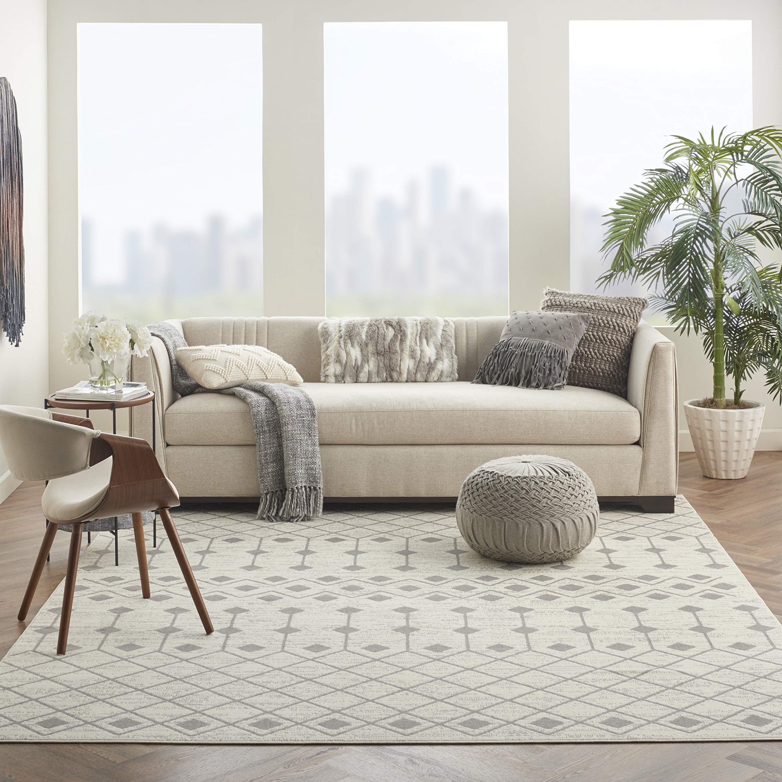Nourison Grafix Moroccan Ivory/Grey 8'6' X 12' Area Rug, Easy Cleaning, Non Shedding, Bed Room, Living Room, Dining Room, Kitch