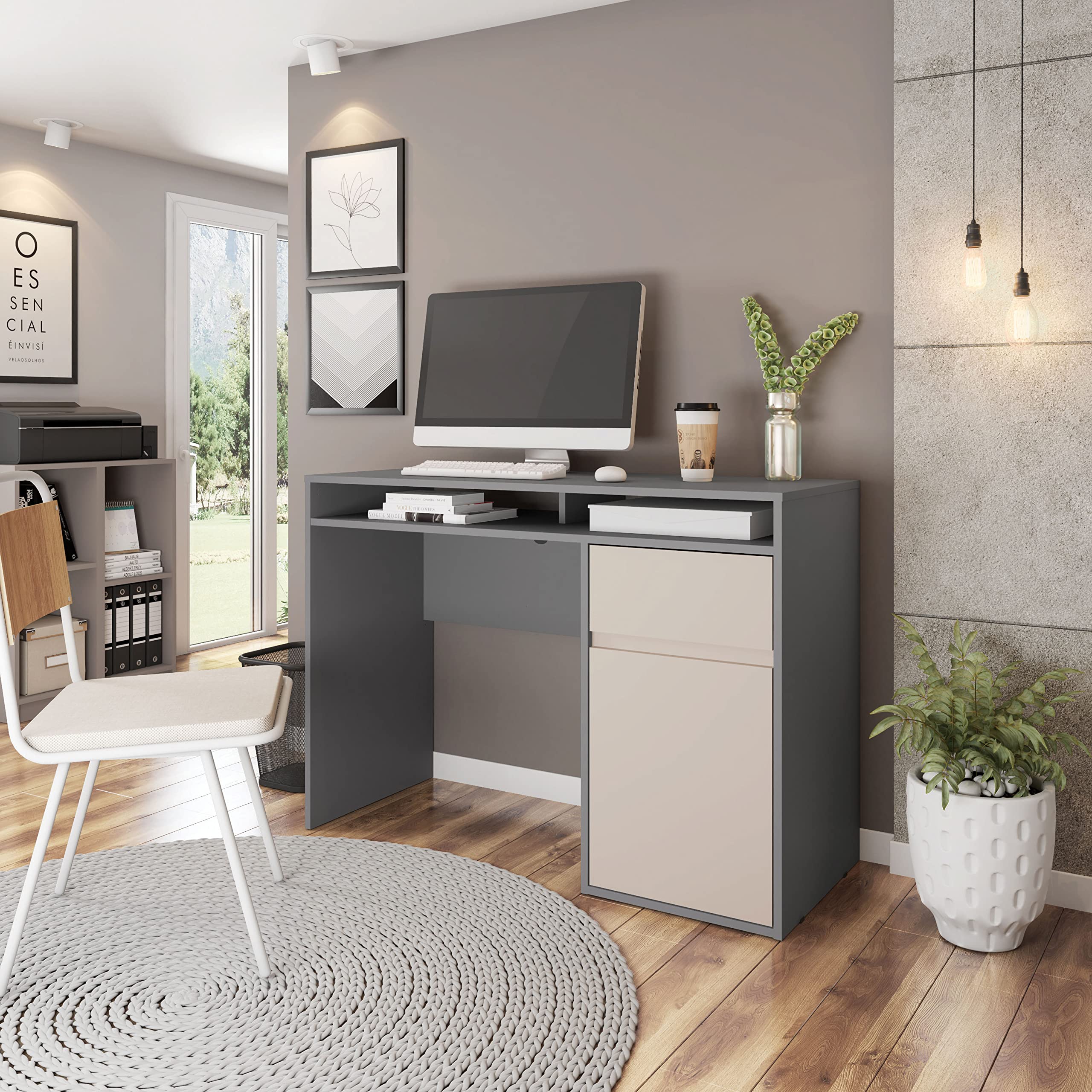 Techni Mobili Home Office Workstation with Storage Computer Desk, 17.75&quot; D x 43.3&quot; W x 29&quot; H, Grey