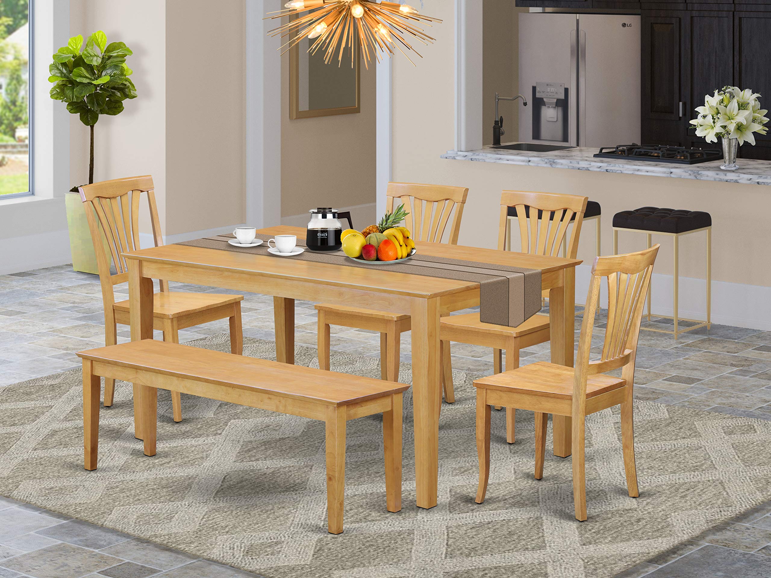 East West Furniture CAAV6-OAK-W 6 Piece Dining Table Set Contains a Rectangle Kitchen Table and 4 Dining Chairs with a Bench, 36x60 Inch, Oak
