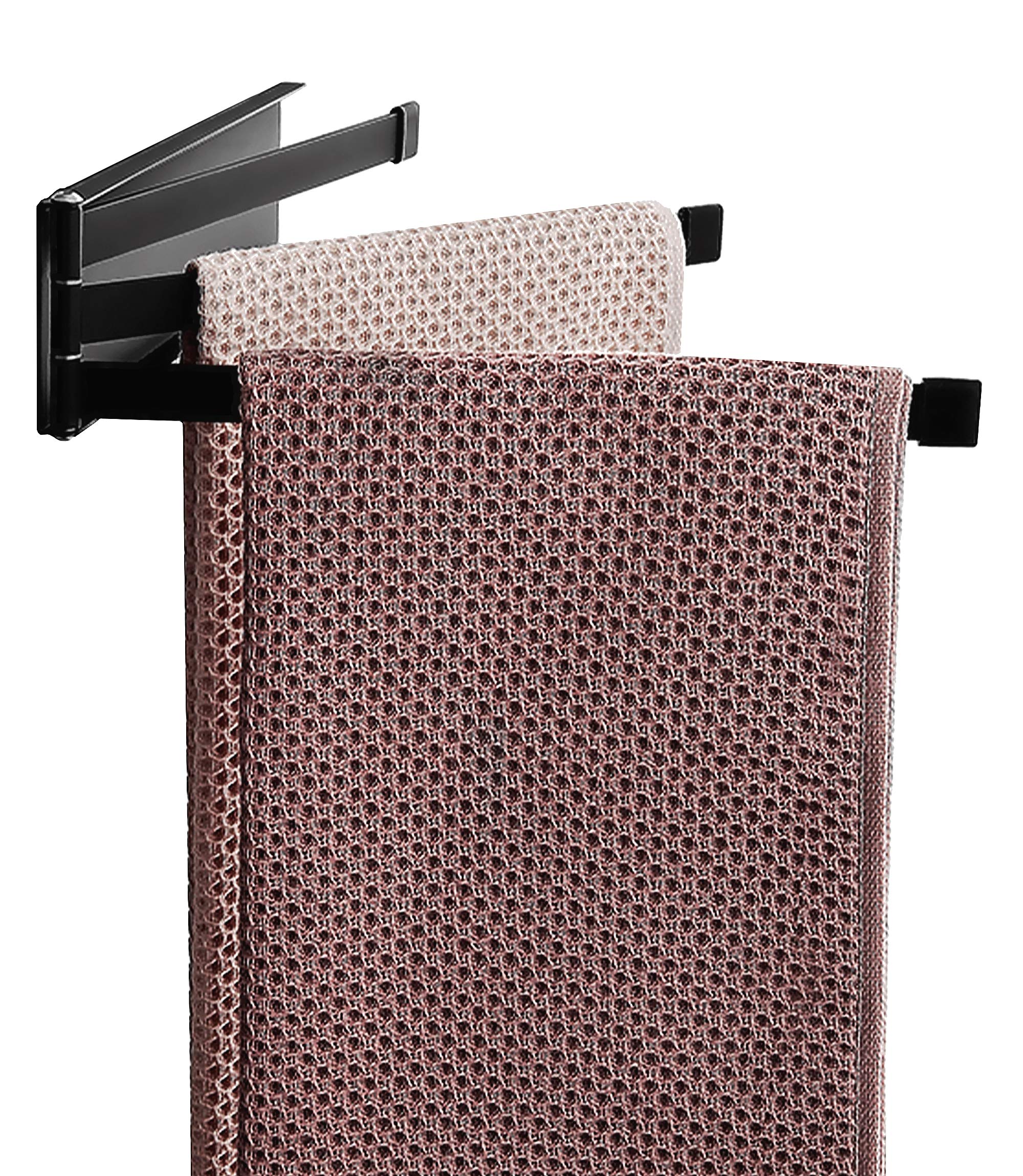 YEAVS Swing Towel Holder Rack Matte Black, Wall Mounted Towel Bar Swivel with 3-Arm for Bathroom Kitchen Storage