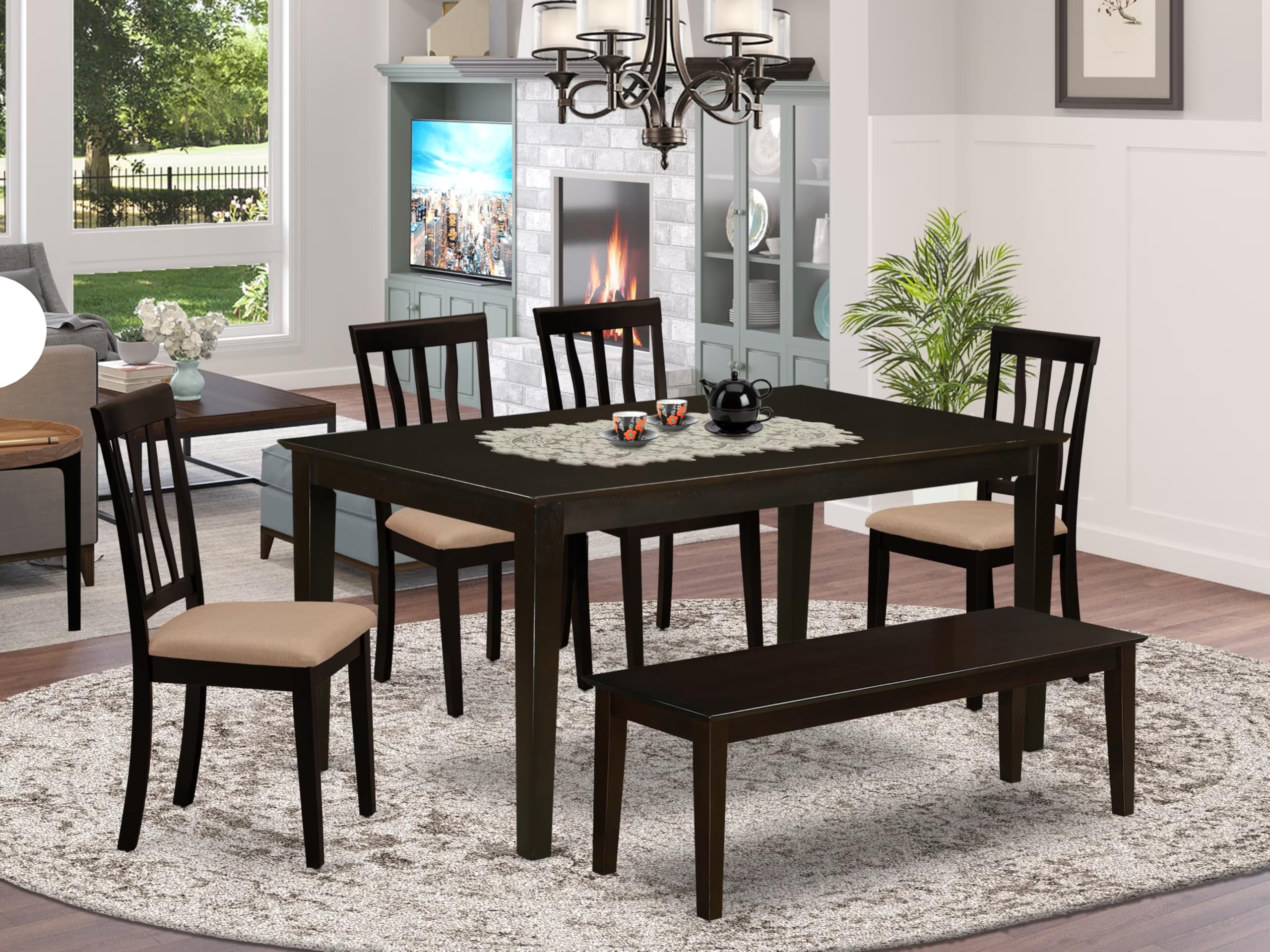 East West Furniture CAAN6-CAP-C Capri 6 Piece Set Contains a Rectangle Dining Room Table and 4 Linen Fabric Upholstered Chairs with a Bench, 36x60 Inch