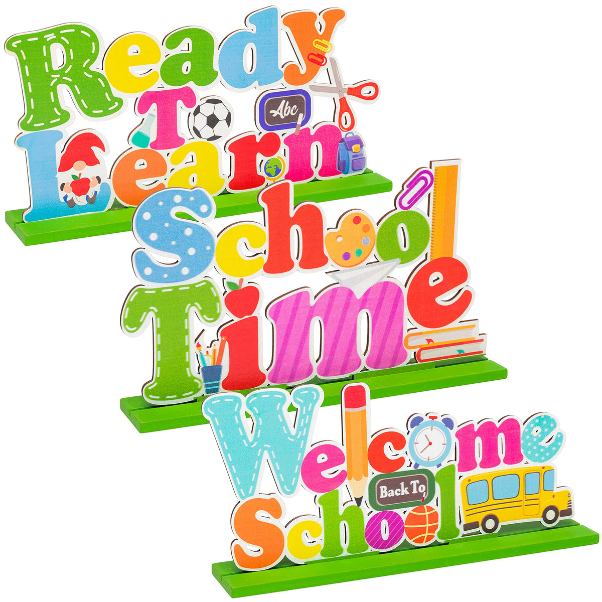 WATINC 3pcs Welcome Back to School Table Decoration Set, Detachable Wooden Centerpiece Sign for Classroom Theme Party Supplies, 