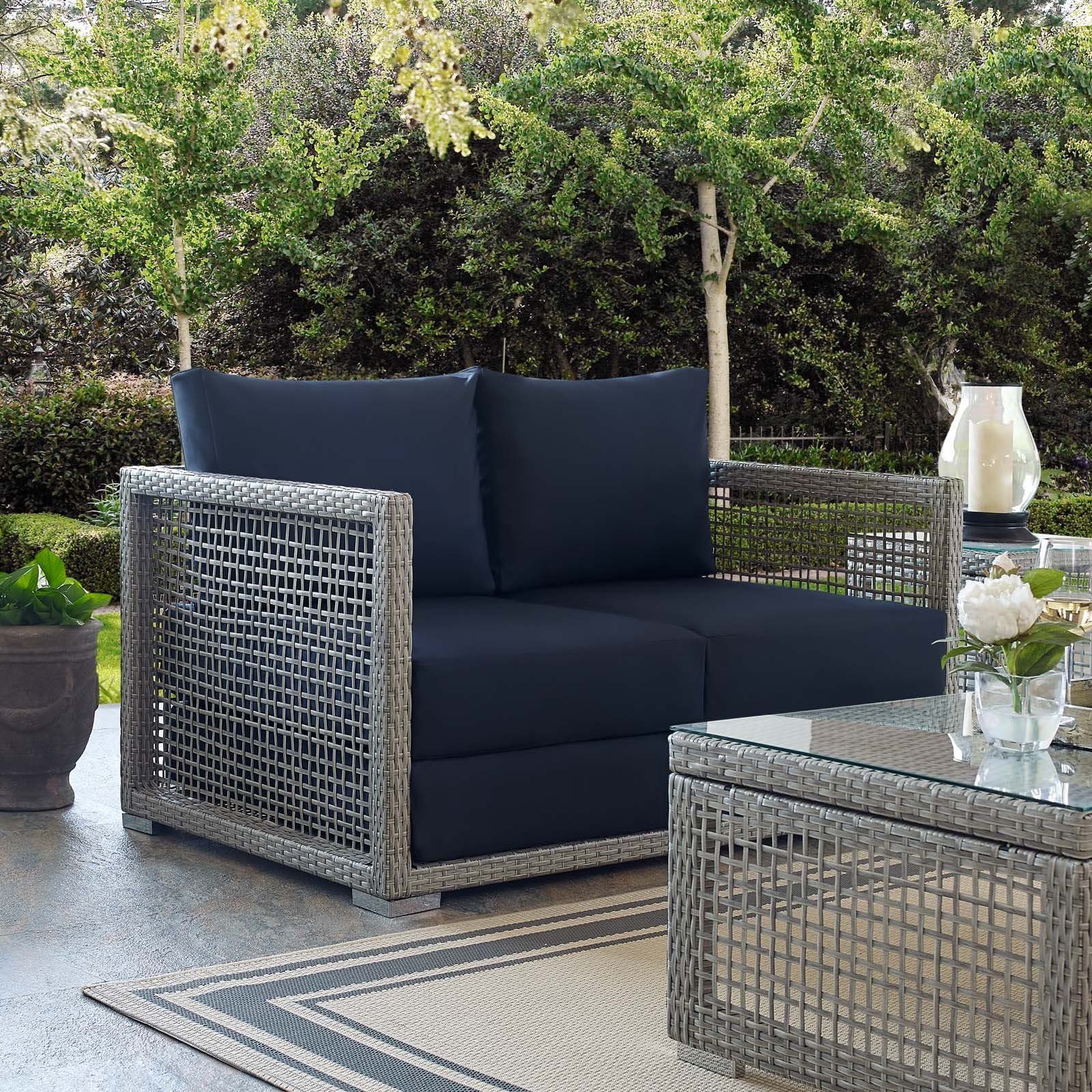 Modway Aura Outdoor Patio Wicker Rattan, Loveseat, Gray Navy