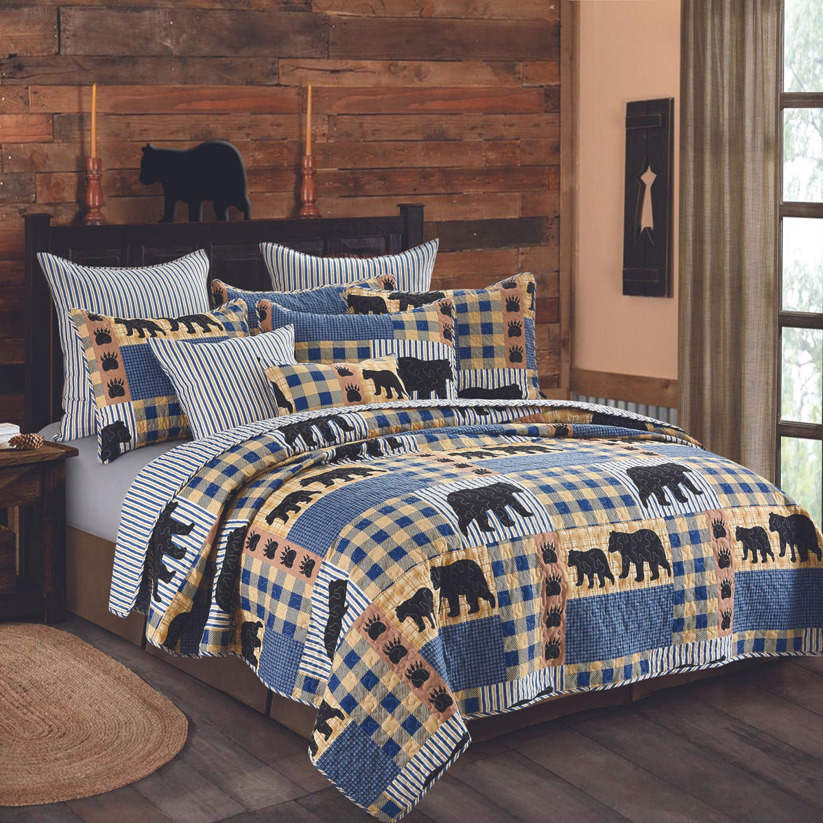 Virah Bella 3 Piece Queen Lodge Quilt Bedding Set - Black Bear Plaid - Rustic Cabin Country Reversible Camping Comforter Set Wit