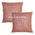 Stylo Culture Indian Geometrical Cushion Covers 16X16 Set Of 2 Peach Embroidered Mirror Lace Cotton Square Decorative Cushion Co