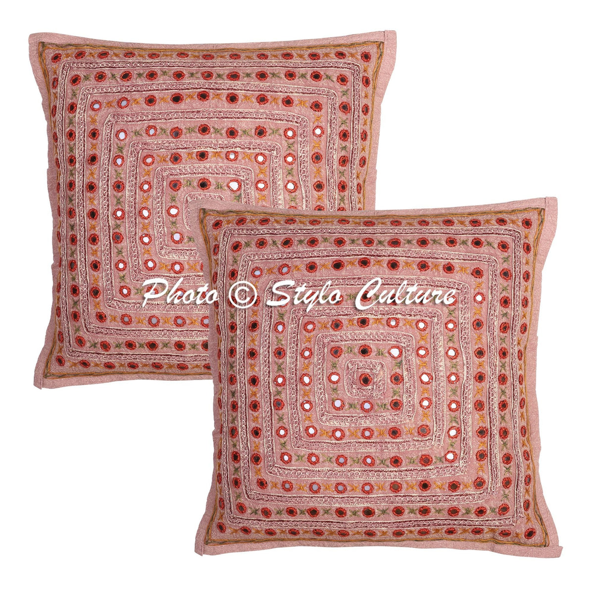 Stylo Culture Indian Geometrical Cushion Covers 16X16 Set Of 2 Peach Embroidered Mirror Lace Cotton Square Decorative Cushion Co