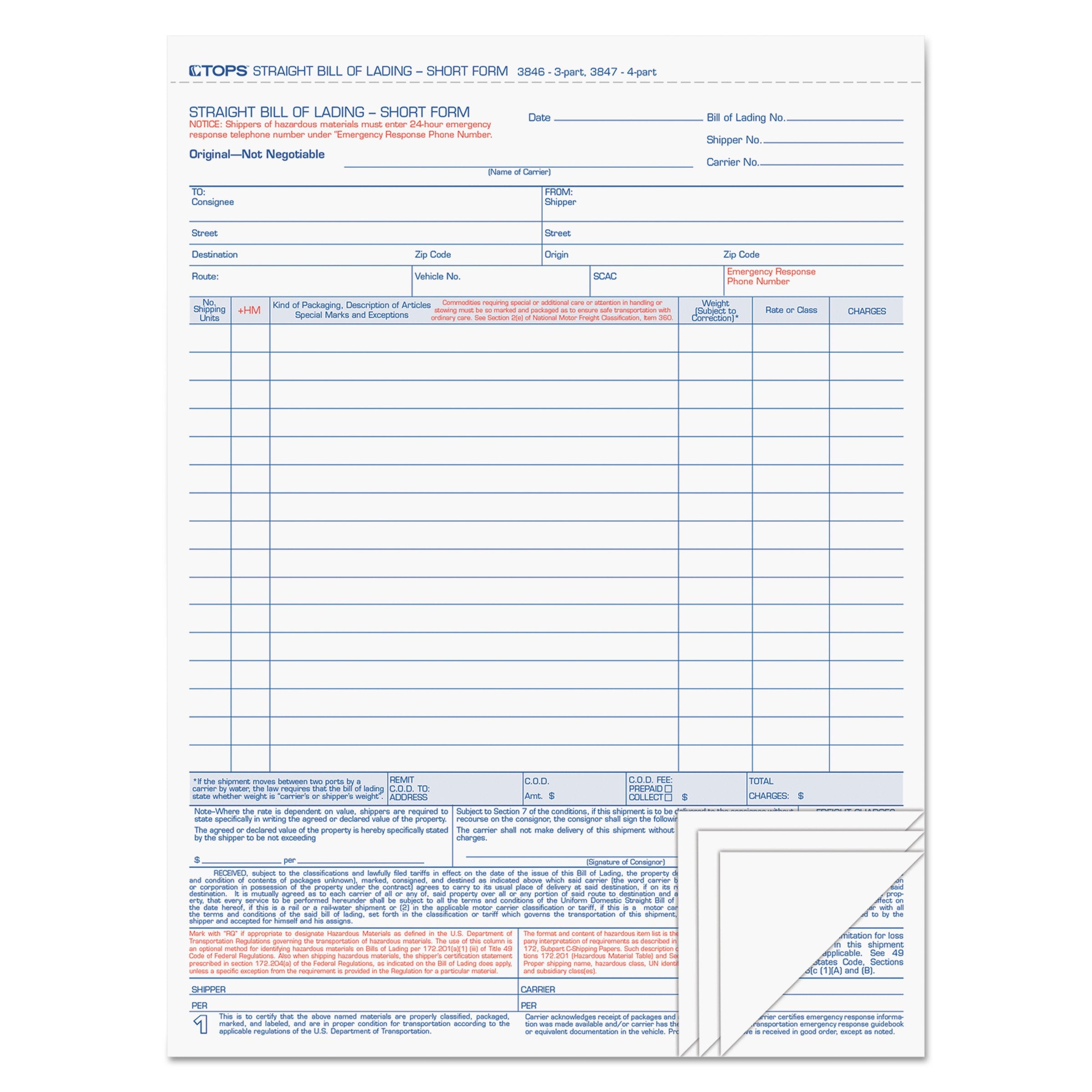 Tops Bill Of Lading 16-Line, Four Part Carbonless Sheet, 50 Sets/50-Pack - 3847