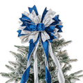 Blue Sliver Christmas Tree Topper, 40x13 Inches Toppers Bow with Glitter Satin Mesh Streamer and Patterned Ribbon, Christmas Tre