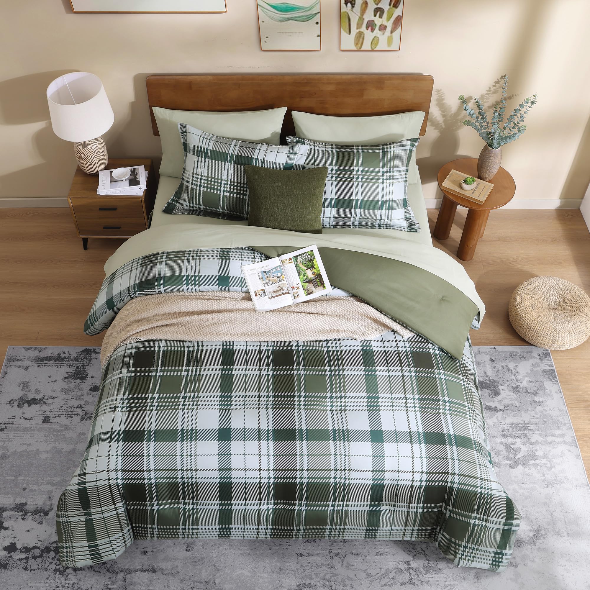 Maireve Full Size Comforter Set Olive Green, Plaid Design Comforter Set 7 Pieces, All Season Comfortable Bedding Sets Full, Ligh