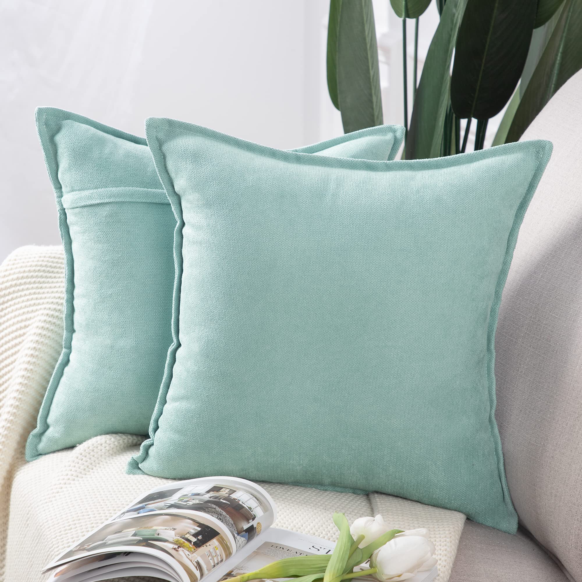 Madizz Set Of 2 Short Chenille Throw Pillow Covers 18X18 Inch Light Teel Soft Decorative Cushion Cover For Sofa Bedroom Pillow S