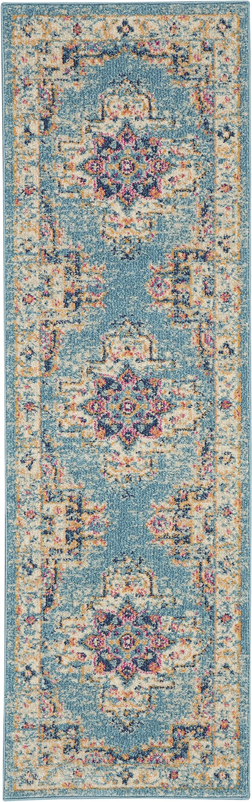 HomeRoots 100% Polypropylene 2’x6’ Light Blue Distressed Medallion Runner Rug