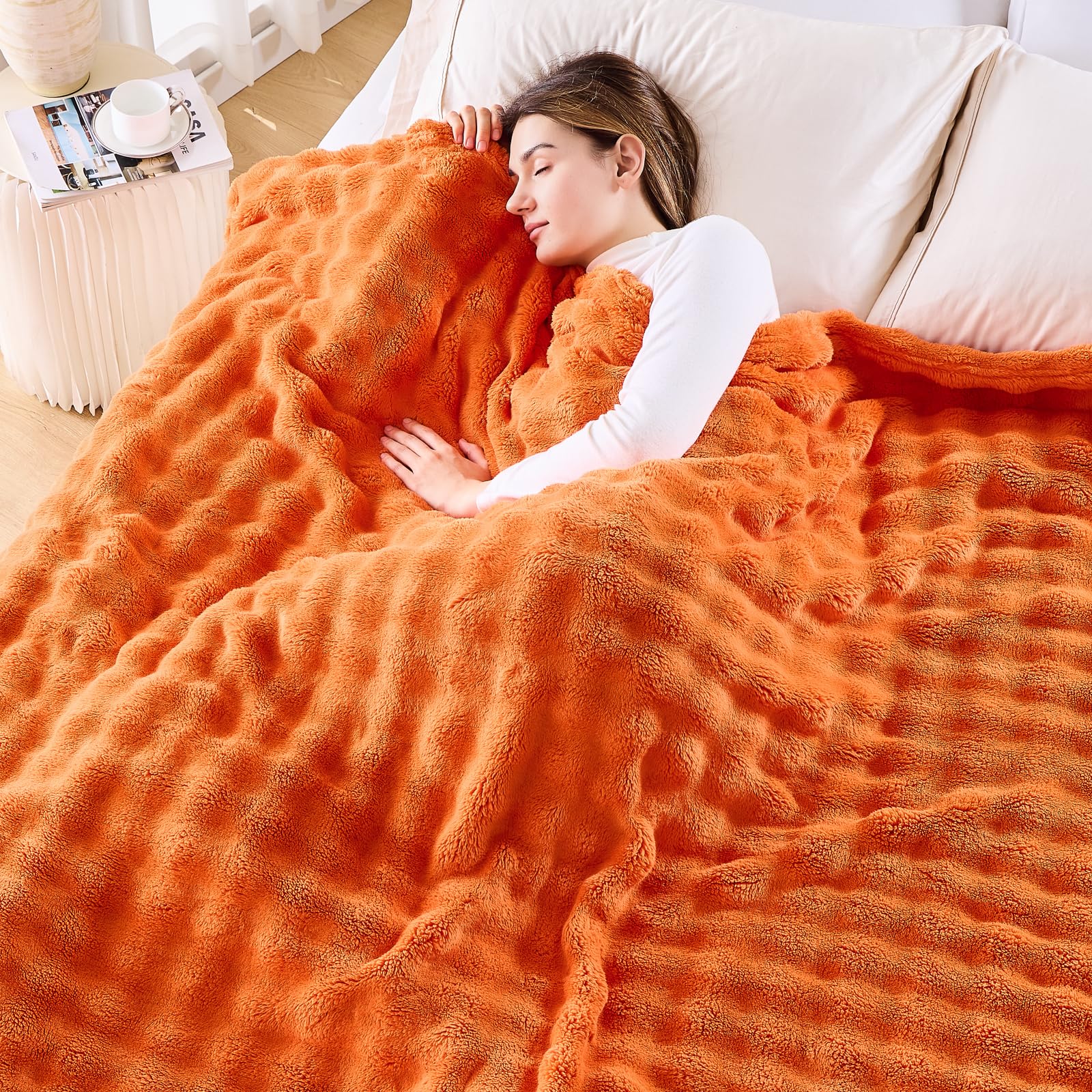 Newcosplay Fall King Blanket For Couch Orange Super Soft Flannel Fleece 3D Bubble Lightweight Bed Blanket All Season Use (Orange