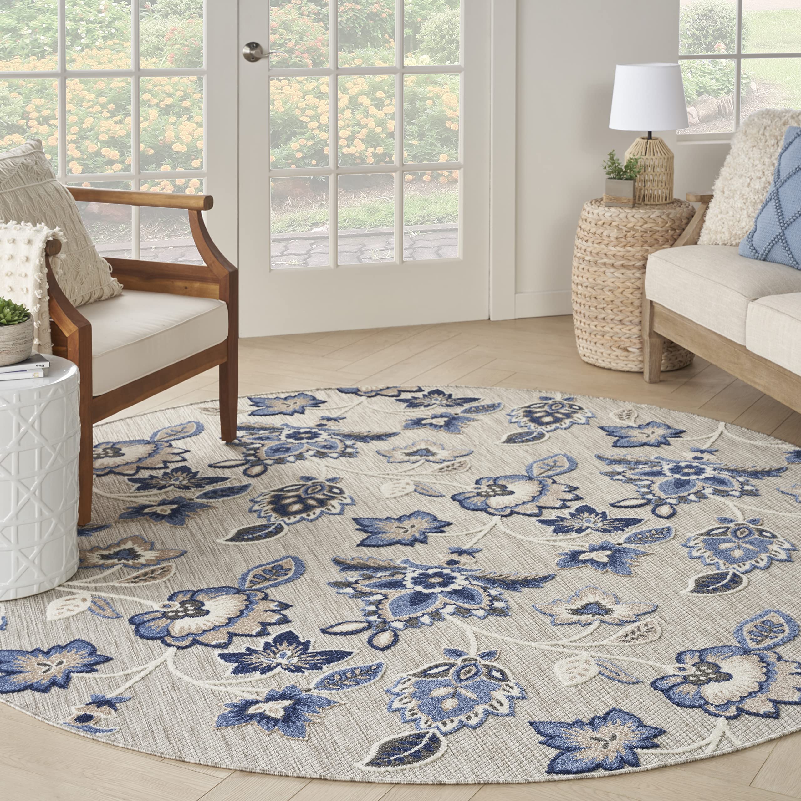 Nourison Aloha Indoor-Outdoor Blue Grey 710    X Round Area Rug, Easy Cleaning, Non Shedding, Bed Room, Living Room, Dining Room