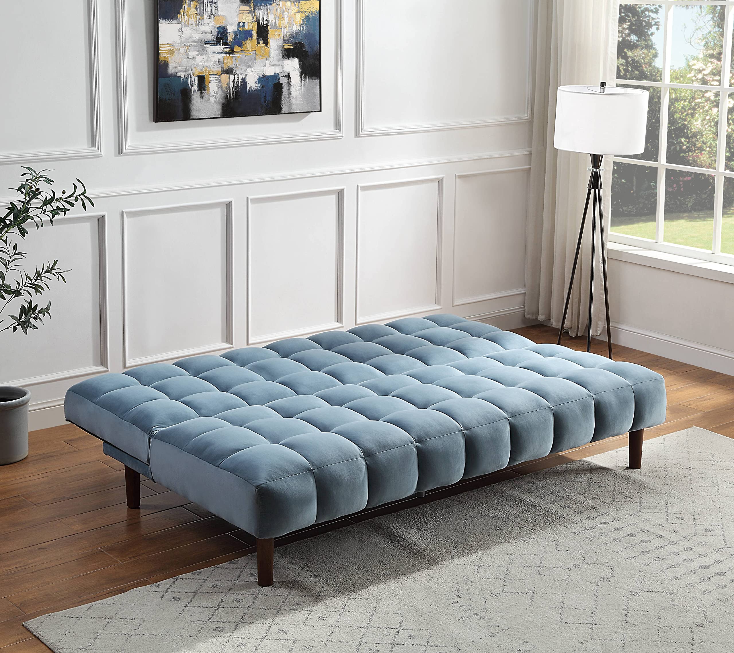 Acme Yolandi Velvet Tufted Adjustable Sofa in Teal and Dark Walnut