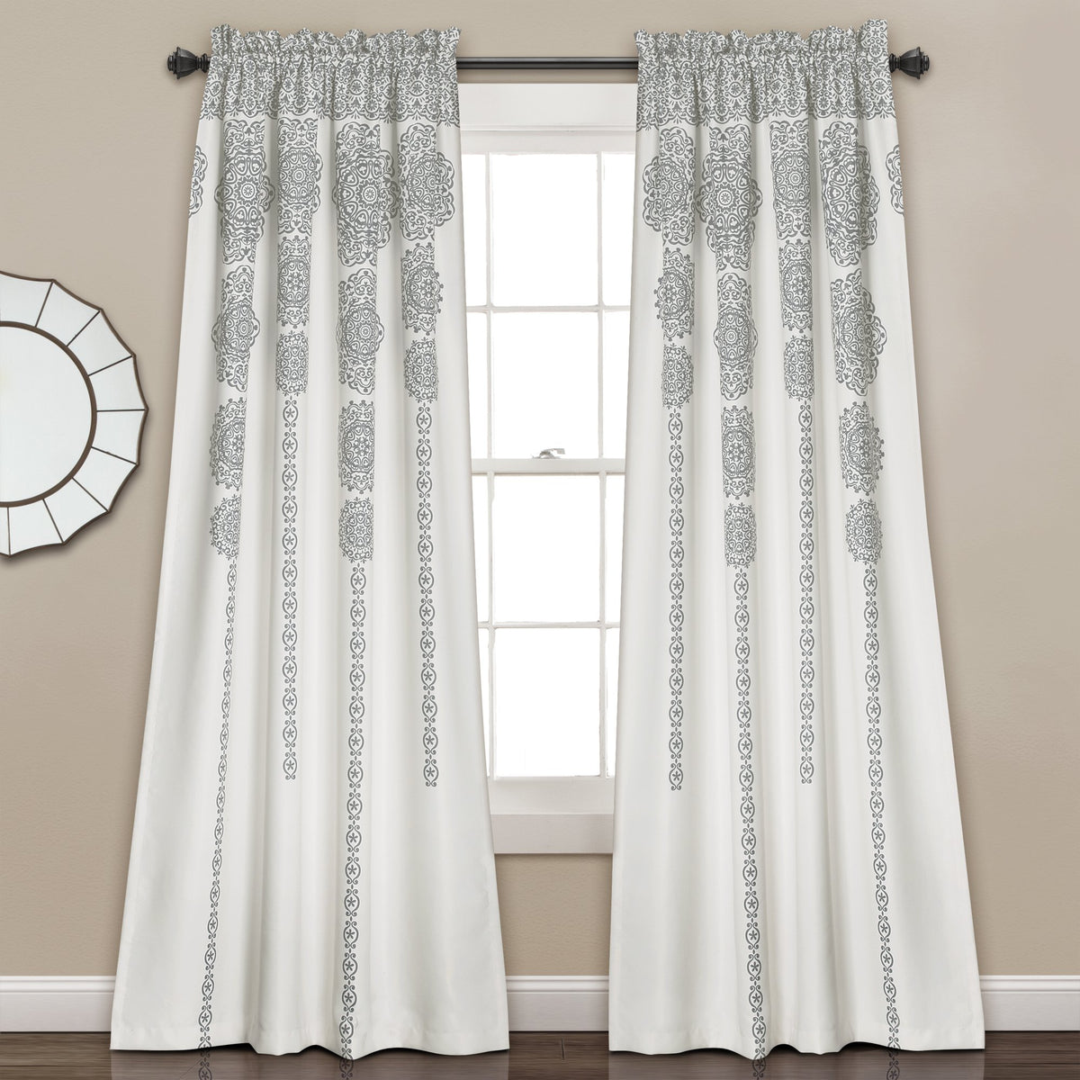 Lush Decor 16T000851 Stripe Medallion Room Darkening Window Curtain Panel Pair Set, 84 X 52, Gray