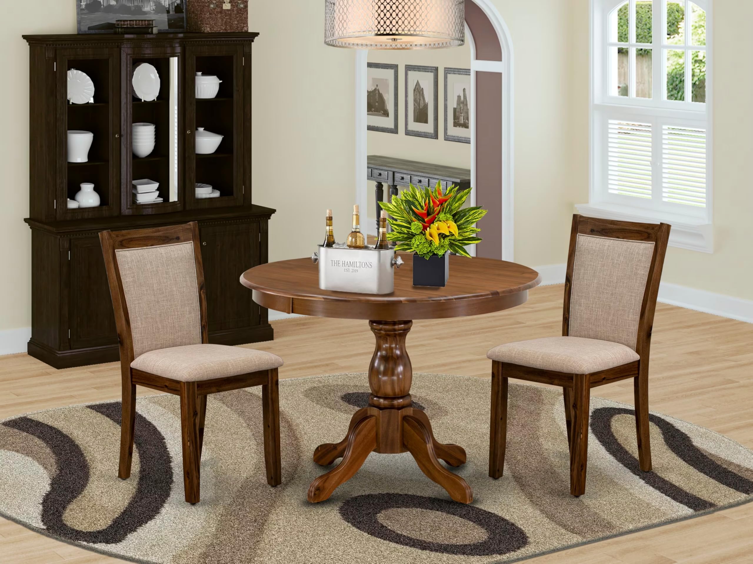 East West Furniture HBMZ3-AWN-04 3 Piece Dining Table Set Contains a Round Dining Room Table with Pedestal and 2 Light Tan Linen Fabric Upholstered Chairs, 42x42 Inch, Antique Walnut