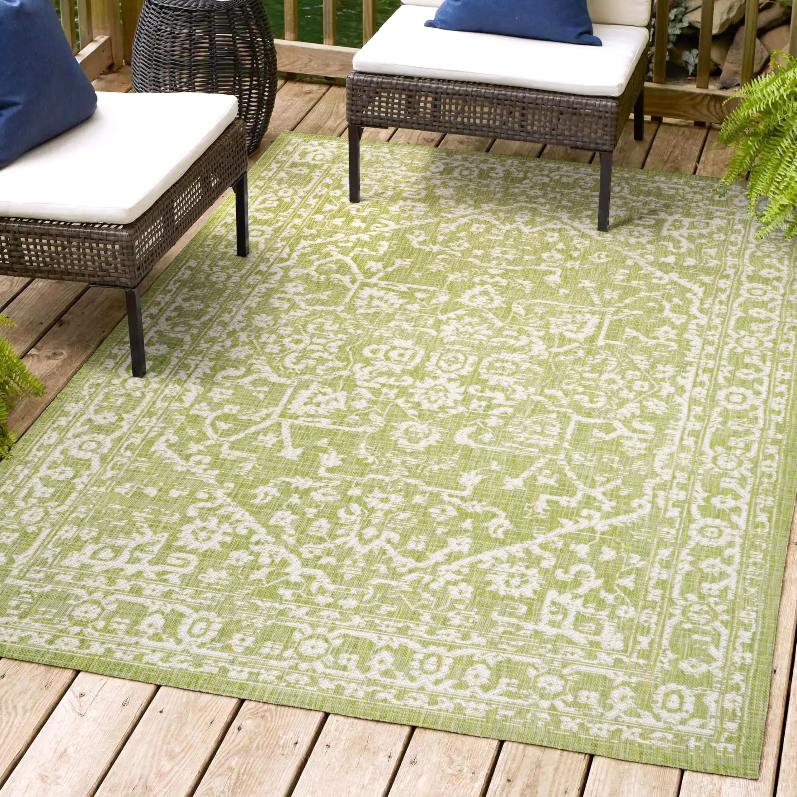 Jonathan Y Smb104D-3 Malta Bohemian Medallion Textured Weave Indoor Outdoor Area-Rug, Coastal, Traditional, Transitional Easy-Cleaning,Bedroom,Kitchen,Backyard,Patio,Non Shedding, Green/Cream, 3 X 5