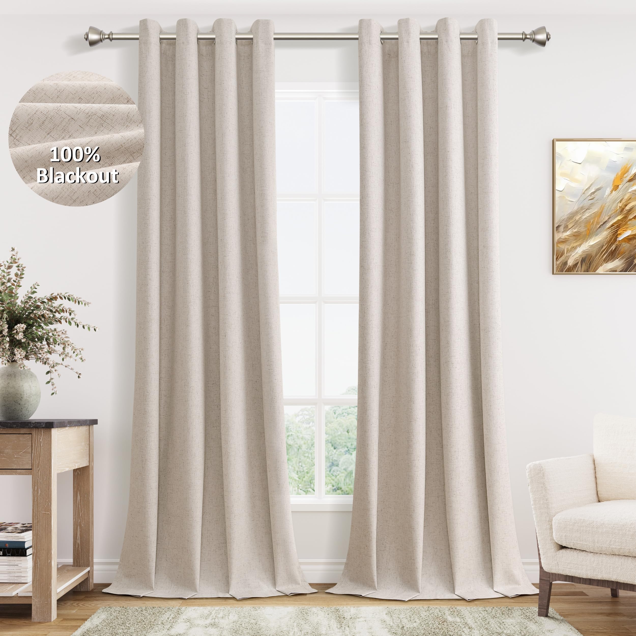 Jowels Oatmeal Linen Blackout Curtains 96 Length 2 Panels Set for Living Room Bedroom, 100% Black Out Thermal Insulated Linen Dr