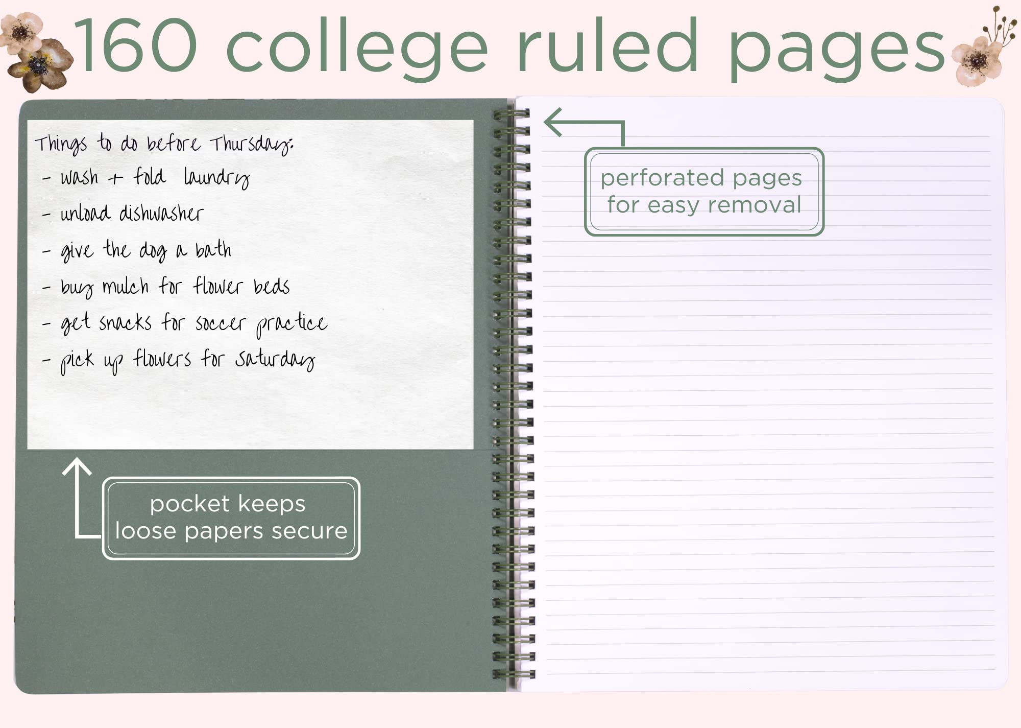 Steel Mill & Co Cute Large Spiral Notebook College Ruled, 11' X 9.5' With Durable Hardcover And 160 Lined Pages, Woodland Flor