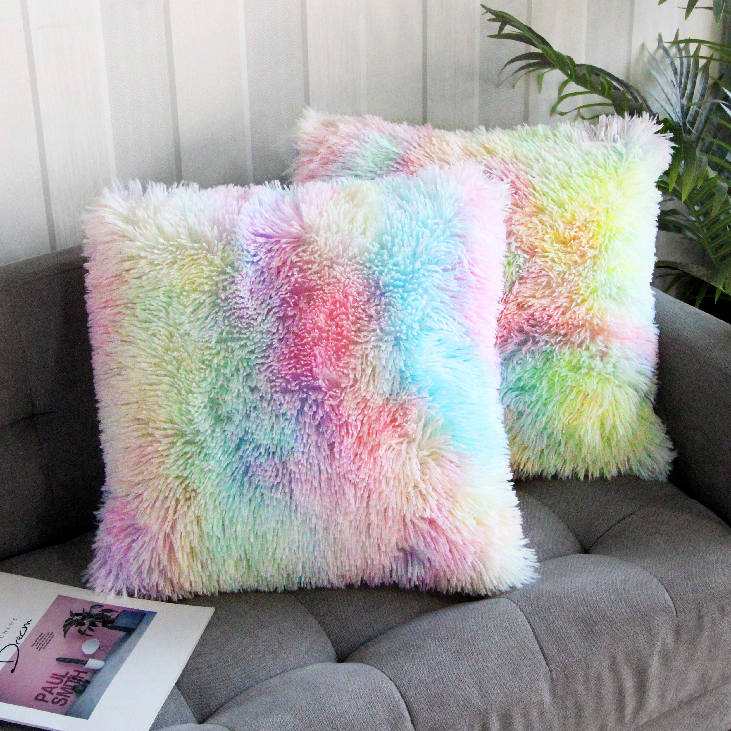 Uhomy 2 Packs Colorful Plush Pillow Cover 20''X20'', Fall Winter Home Decorative Luxury Fluffy Super Soft Faux Fur Throw Pillow