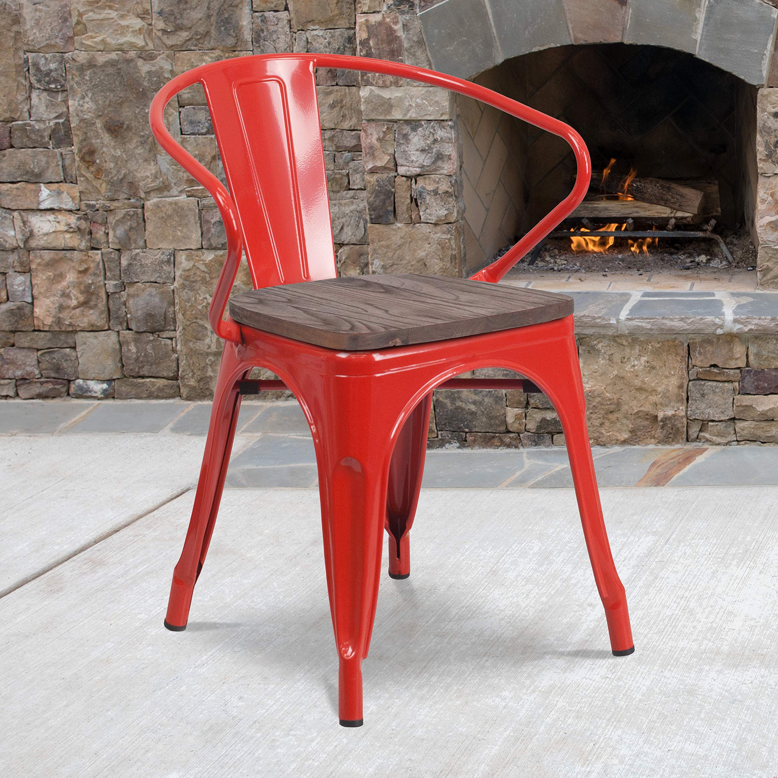 Flash Furniture Red Metal Chair With Wood Seat And Arms