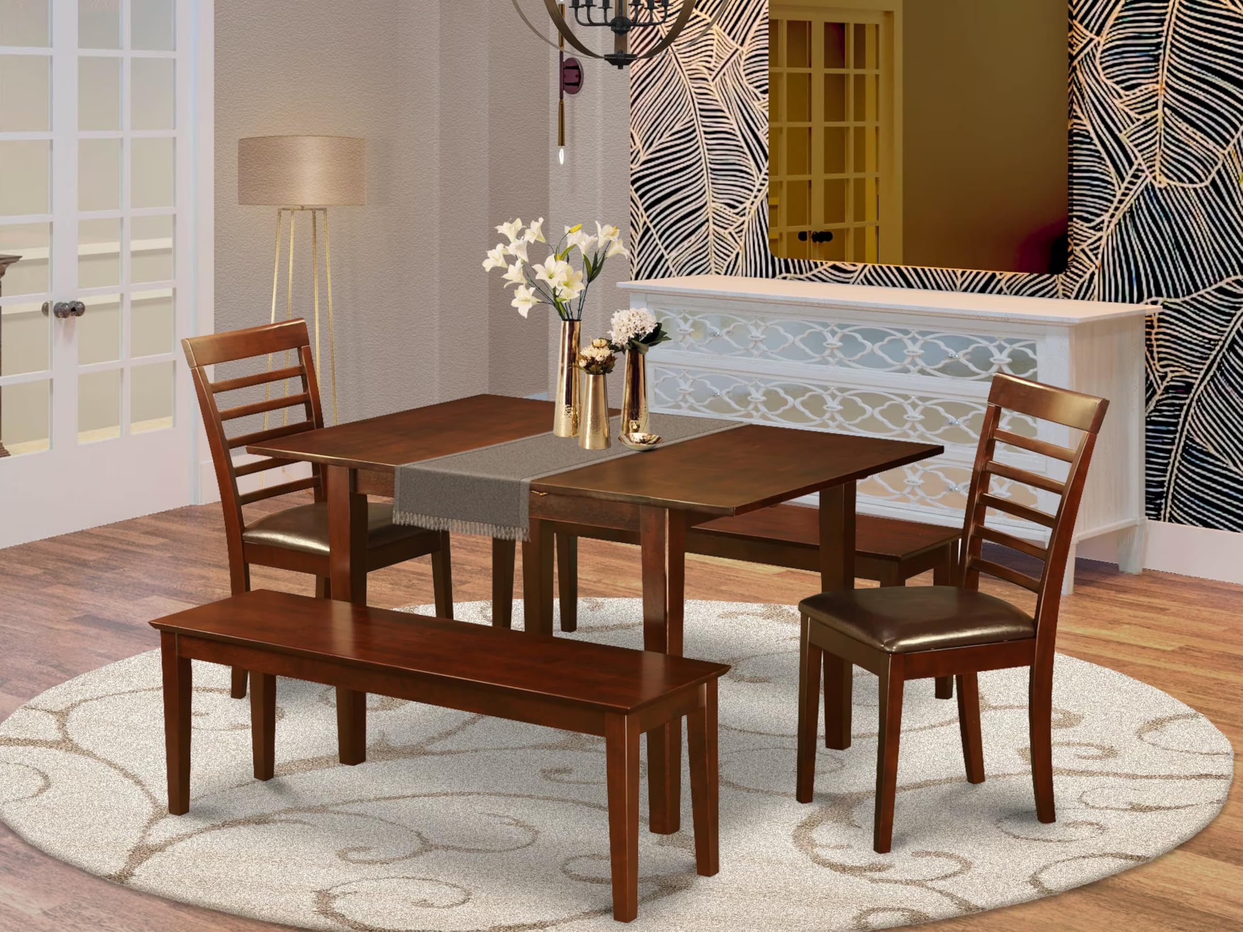 East West Furniture PSML5D-MAH-LC 5 Piece Dining Table Set Includes a Rectangle Kitchen Table with Butterfly Leaf and 2 Faux Leather Dining Chairs with 2 Benches, 32x60 Inch, Mahogany