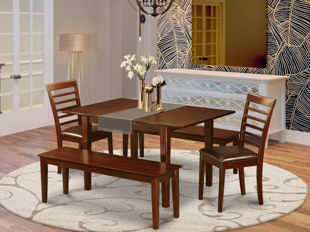 East West Furniture PSML5D-MAH-LC 5 Piece Dining Table Set Includes a Rectangle Kitchen Table with Butterfly Leaf and 2 Faux Leather Dining Chairs with 2 Benches, 32x60 Inch, Mahogany