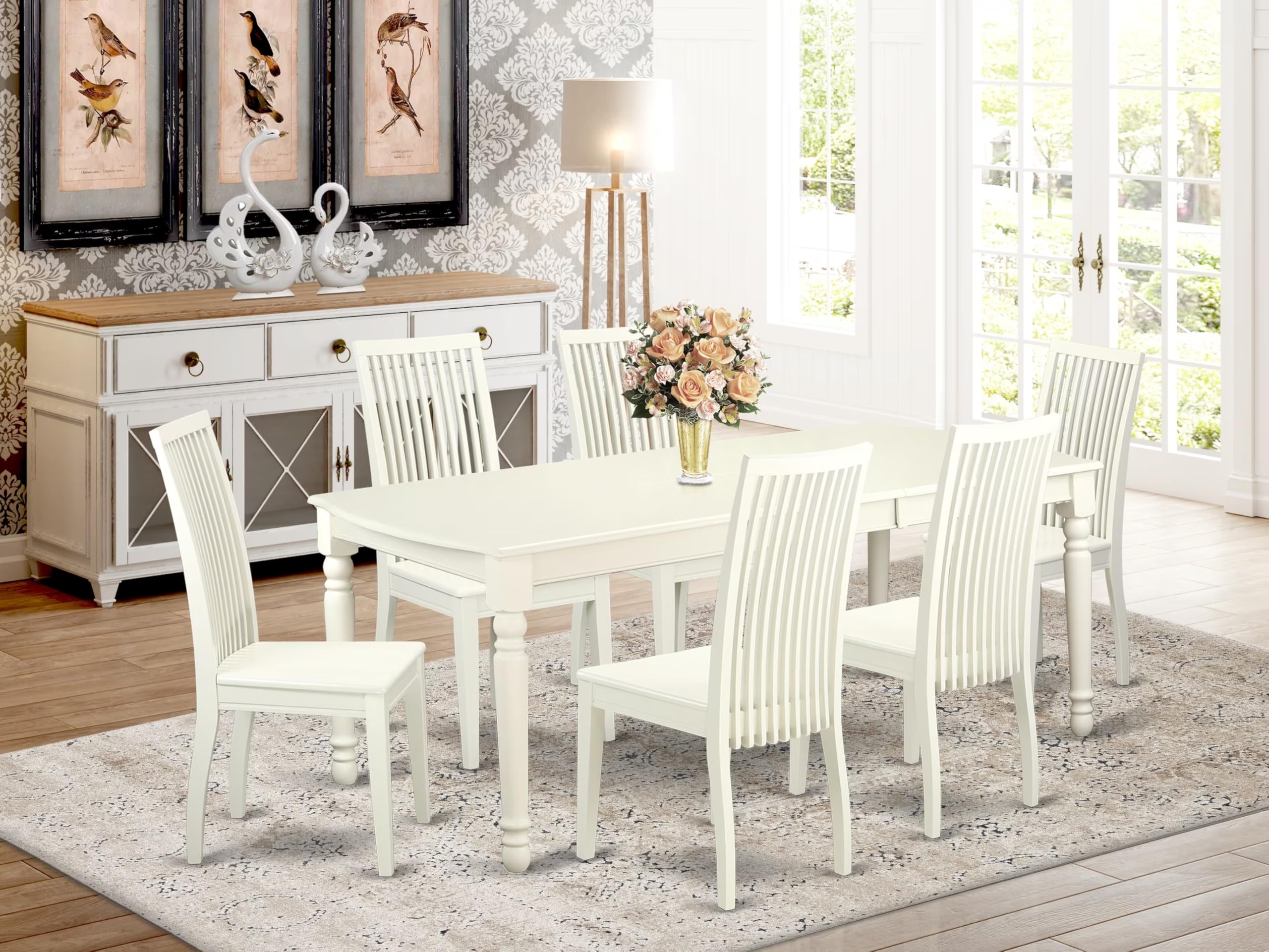 East West Furniture DOIP7-LWH-W 7 Piece Dining Table Set Consist of a Rectangle Dining Room Table with Butterfly Leaf and 6 Wooden Seat Chairs, 42x78 Inch, Linen White