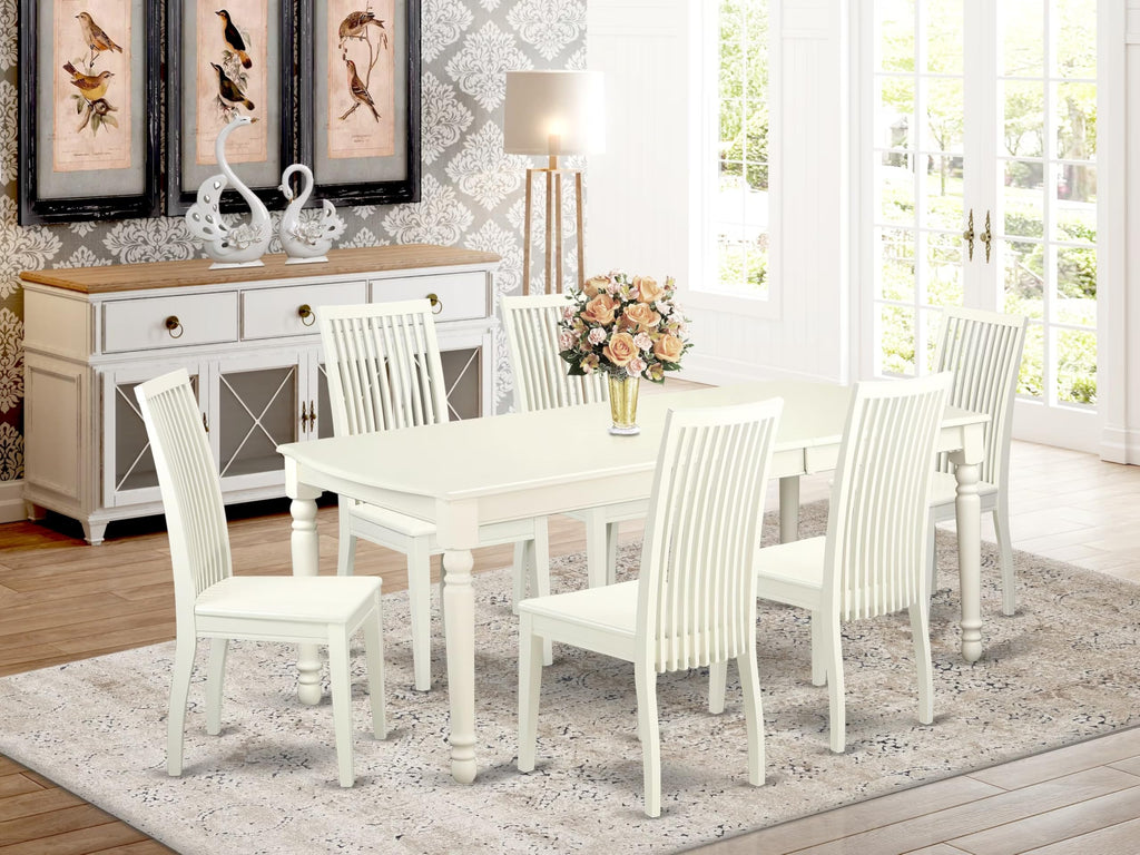 East West Furniture DOIP7-LWH-W 7 Piece Dining Table Set Consist of a Rectangle Dining Room Table with Butterfly Leaf and 6 Wooden Seat Chairs, 42x78 Inch, Linen White