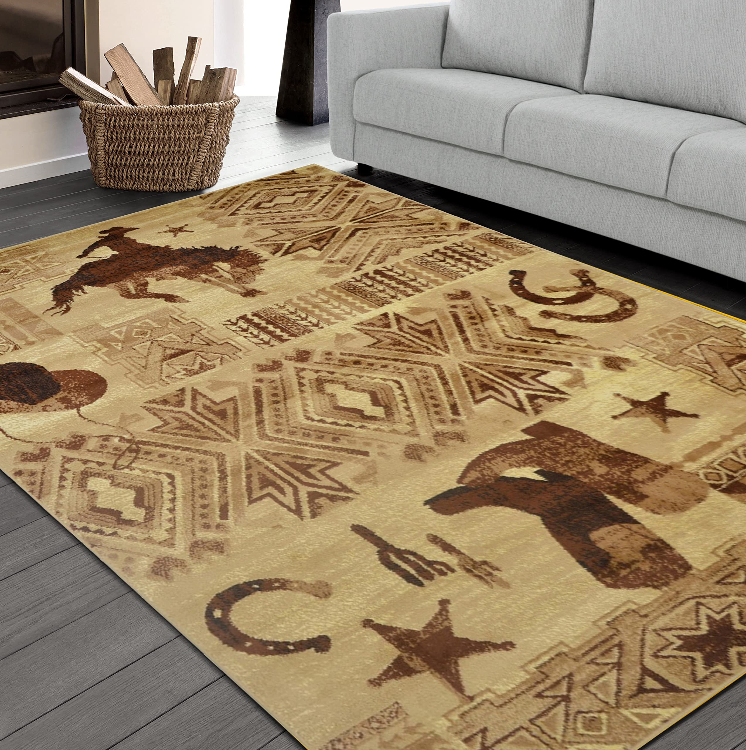 HR-Cabin Rug-Lodge, Cabin Nature and Animals Area Rug-Texas Star Cowboy Southwestern carpet-Abstract Beige/Brown
