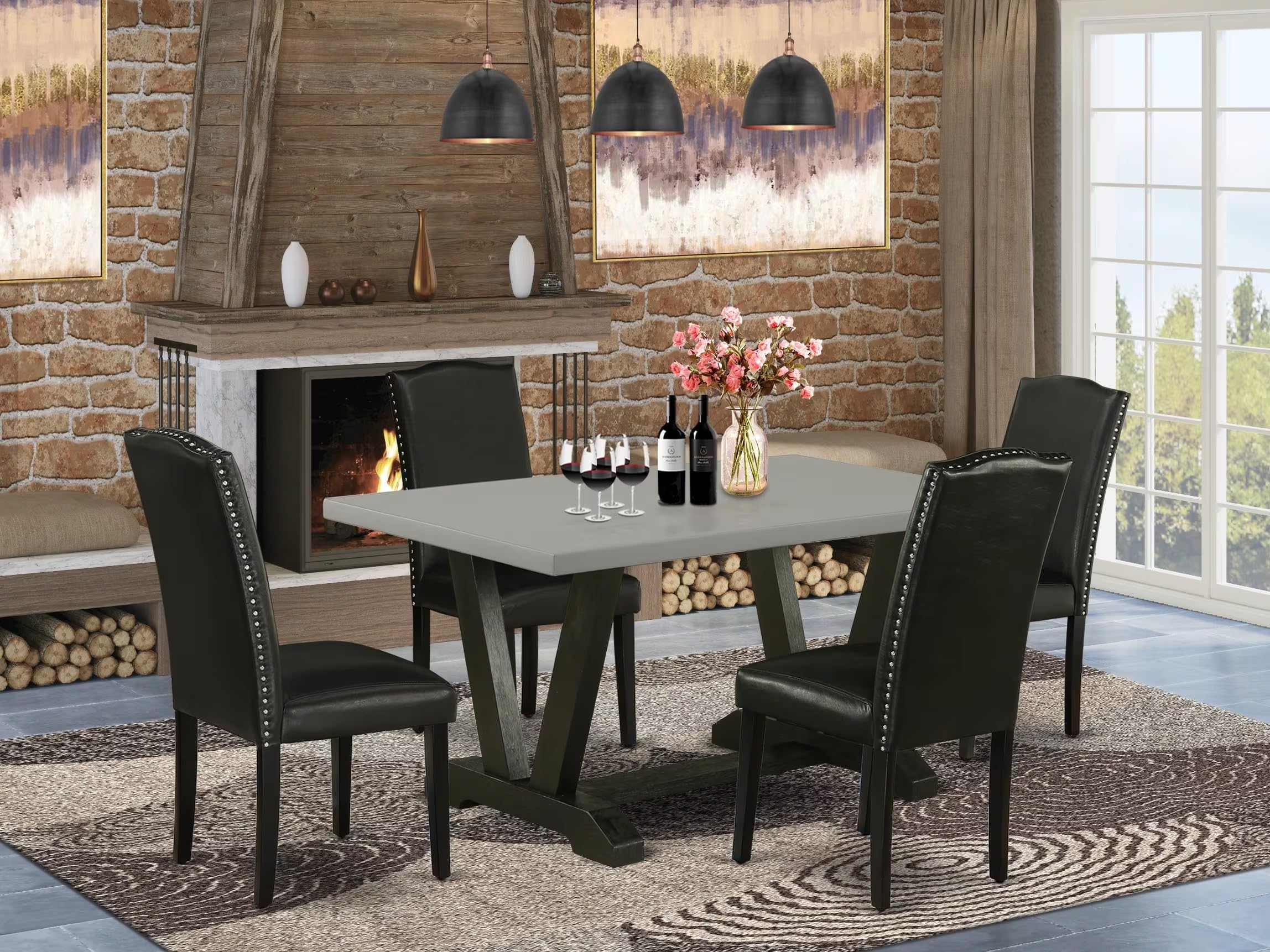 East West Furniture V696En169-5 5 Piece Dinette Set For 4 Includes A Rectangle Dining Table With V-Legs And 4 Black Faux Leather Parson Dining Room Chairs, 36X60 Inch, Multi-Color