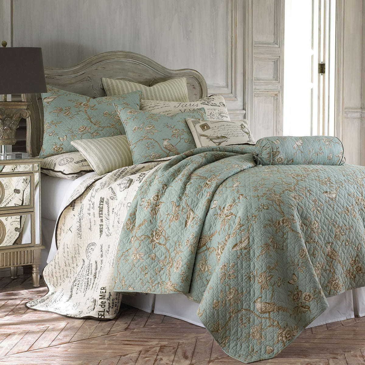 Levtex Home - Lyon Teal Quilt Set - Full/Queen Quilt + Two Standard Pillow Shams - Bird Toile - Teal, Brown, Cream - Quilt Size