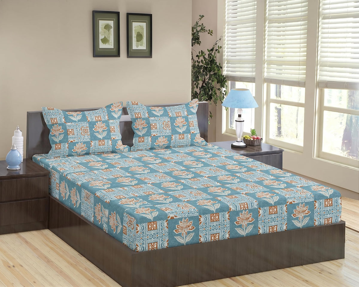 Trance Home Linen 100% Cotton 144TC Elastic Fitted Bedsheet | Cal.King Bed Size Printed Fitted Sheet | Elasticated Fitted Bedspr
