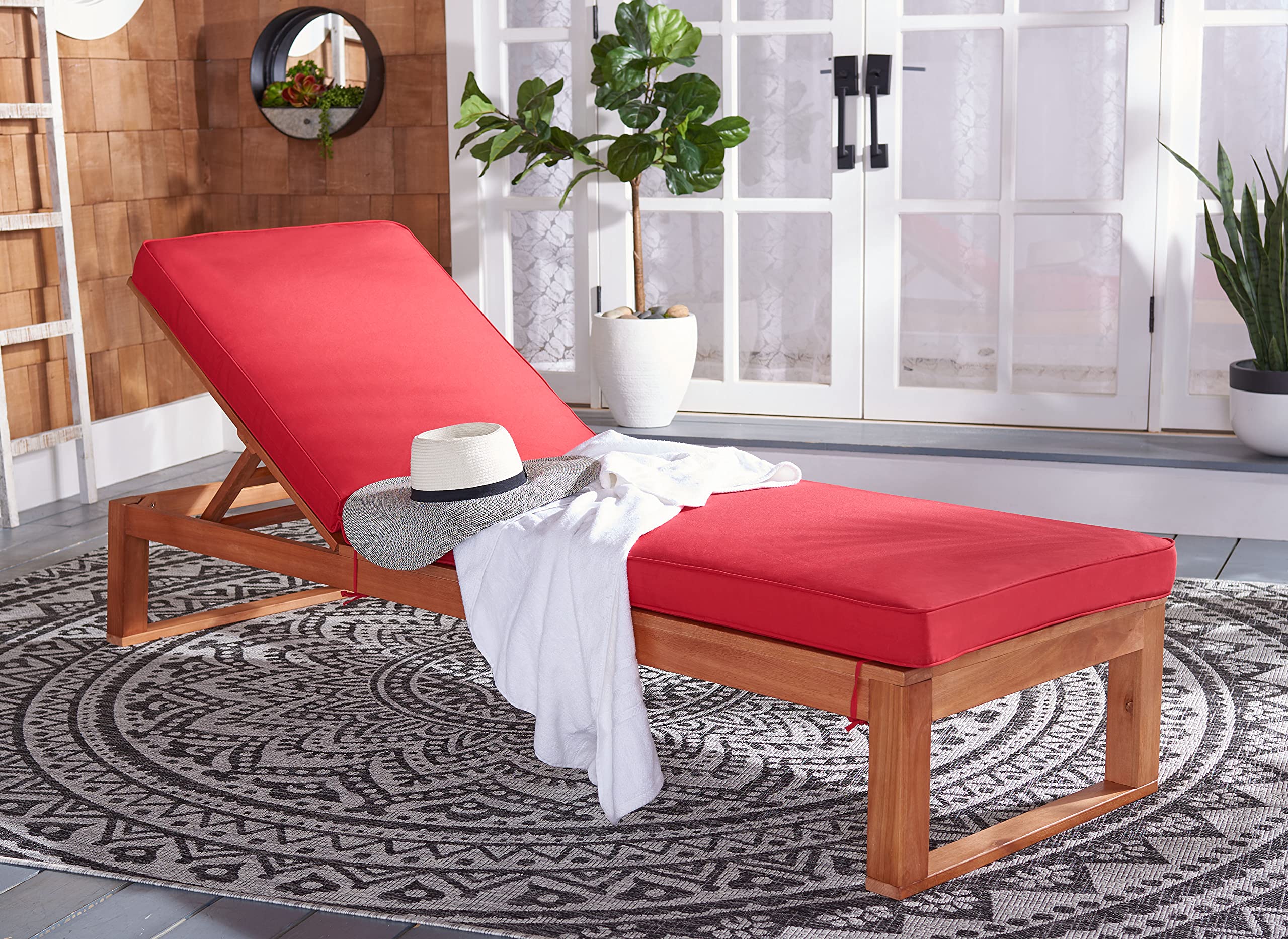 Safavieh Outdoor Collection Solano Natural Brown Solid Wood/Red Cushion Patio Adjustable Chaise Lounge Chair (Pat7024R)