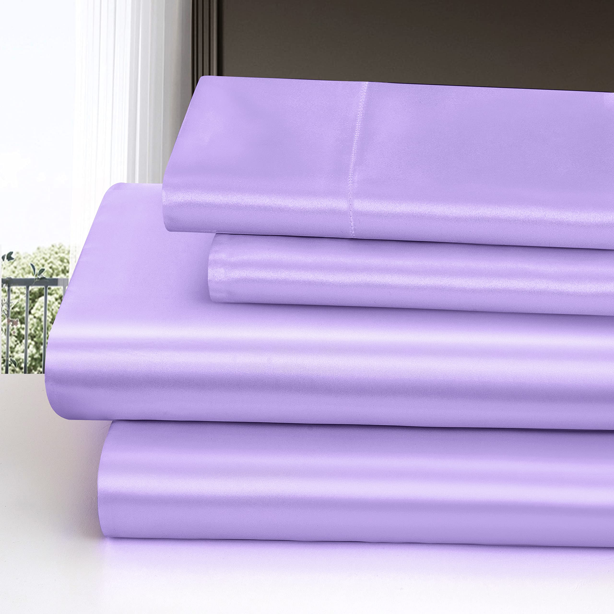 Homiest 4Pcs Satin Sheets Set Luxury Silky Satin Bedding Set With Deep Pocket, 1 Fitted Sheet + 1 Flat Sheet + 2 Pillowcases (Full Size, Lavender)