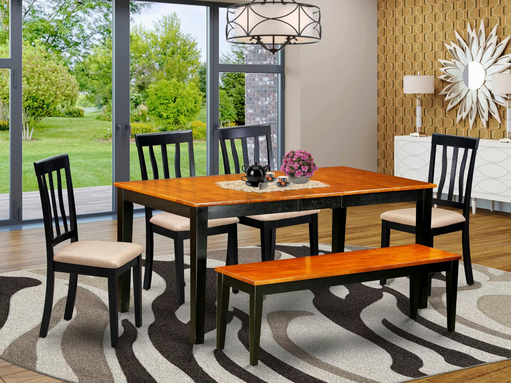 East West Furniture NIAN6-BCH-C 6 Piece Dining Room Set Contains a Rectangle Kitchen Table with Butterfly Leaf and 4 Linen Fabric Dining Chairs with a Bench, 36x66 Inch, Black & Cherry