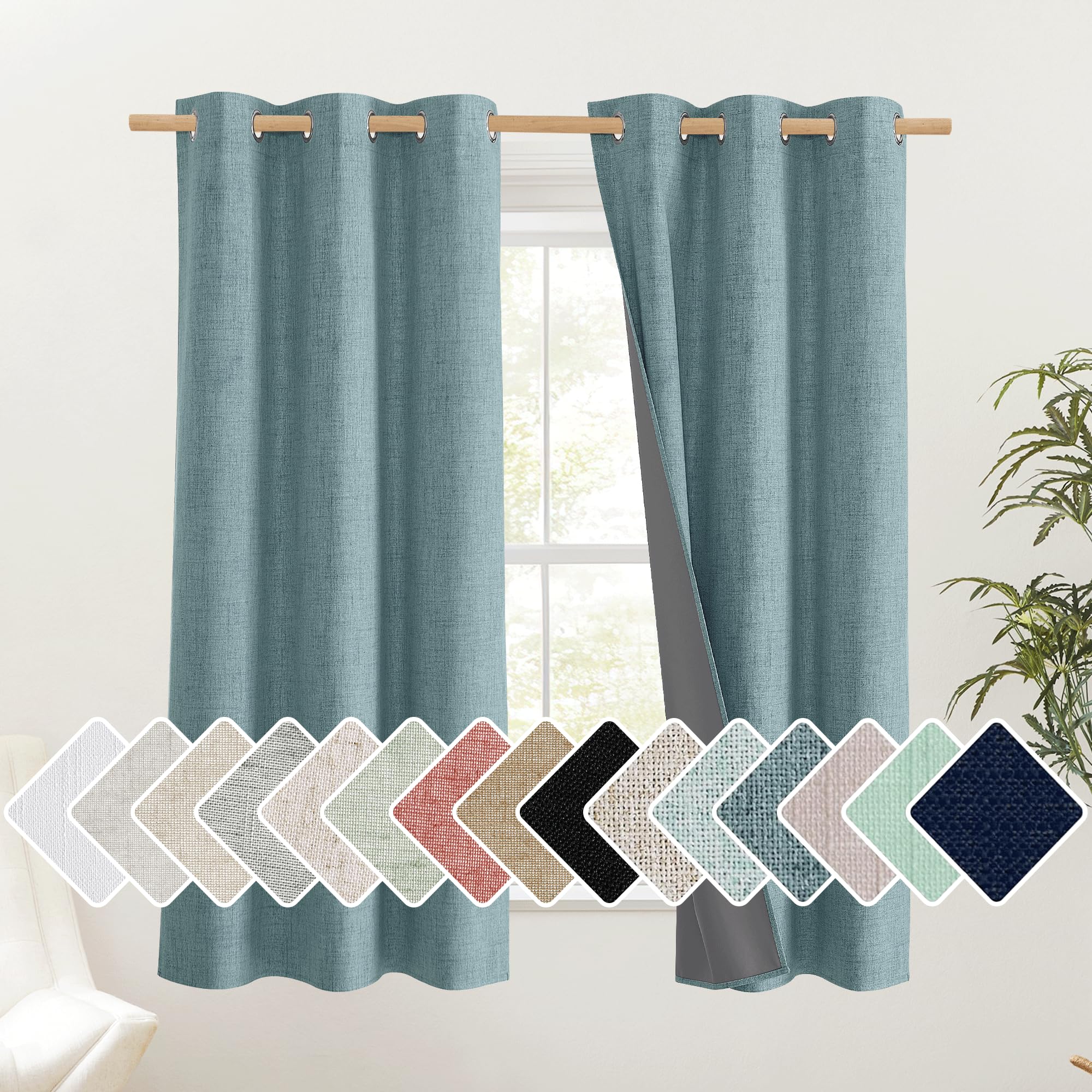 NICETOWN 100% Absolutely Blackout Linen Curtains with Thermal Insulated White Liner, Skylark Blue, 42 Wide, 63 Length Energy Sav