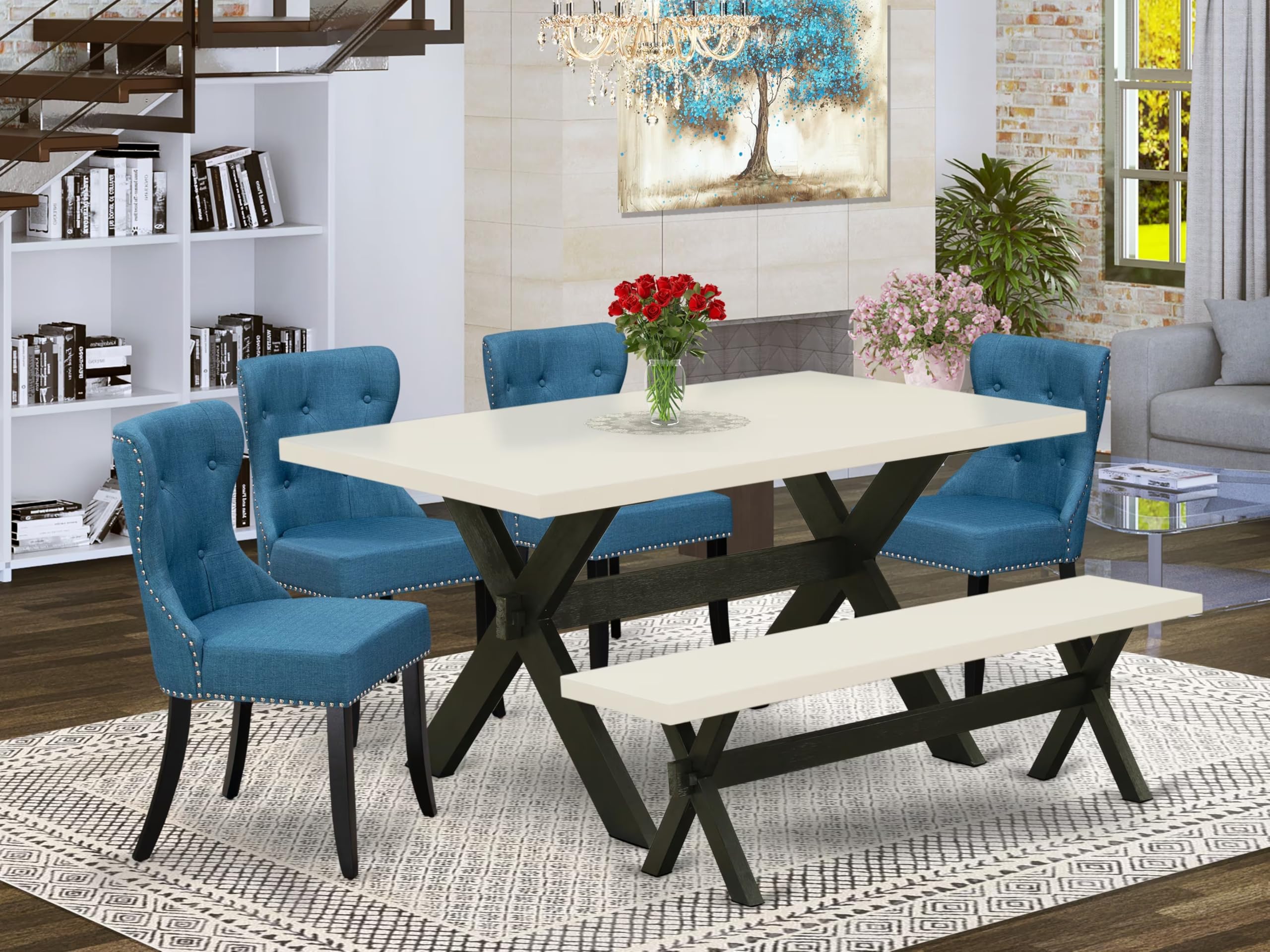 East West Furniture X626Si121-6 6 Piece Kitchen Table Set Contains A Rectangle Dining Table With X-Legs And 4 Blue Linen Fabric Parson Chairs With A Bench, 36X60 Inch, Multi-Color