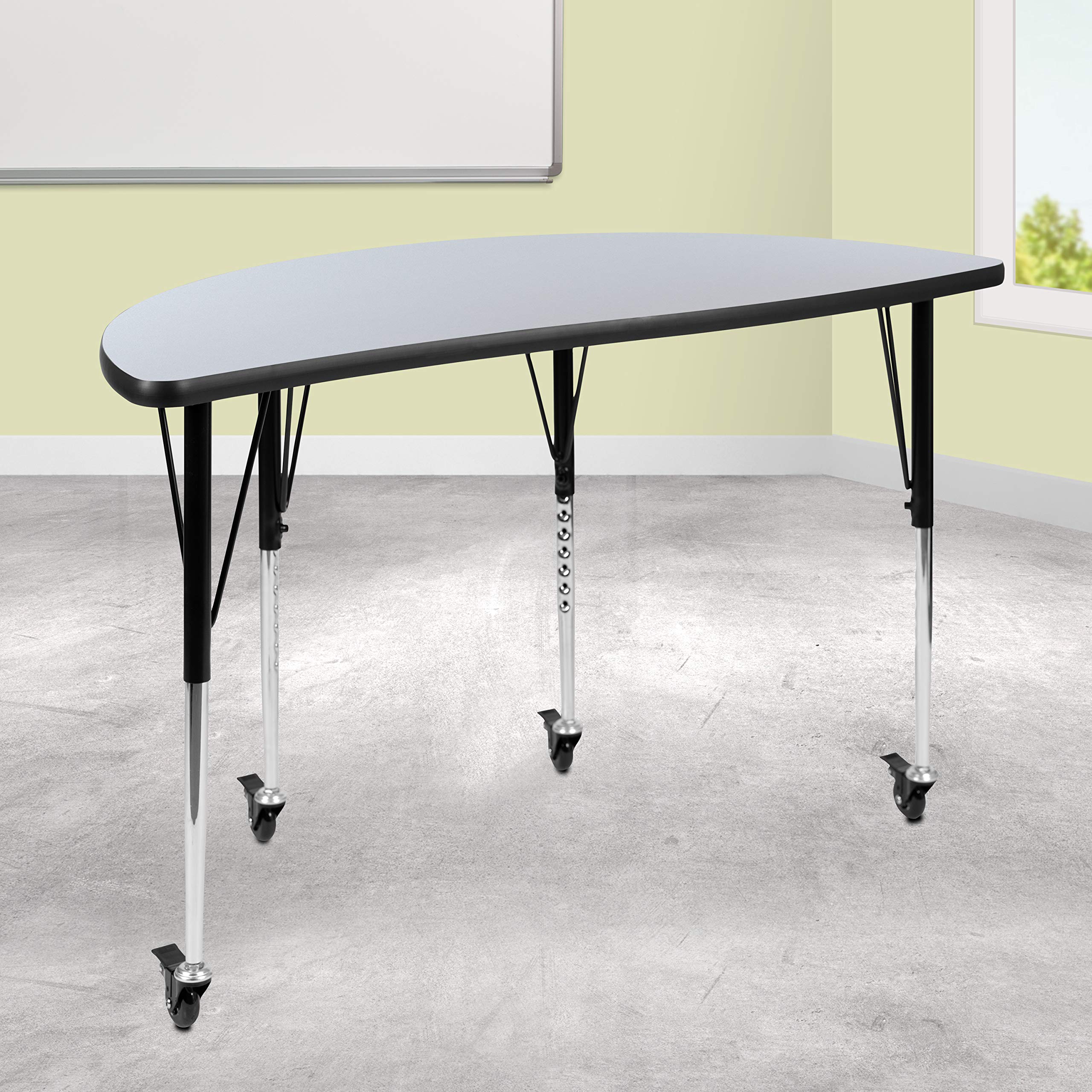 Flash Furniture Mobile 47.5" Half Circle Wave Collaborative Grey Thermal Laminate Activity Table - Standard Height Adjustable Legs