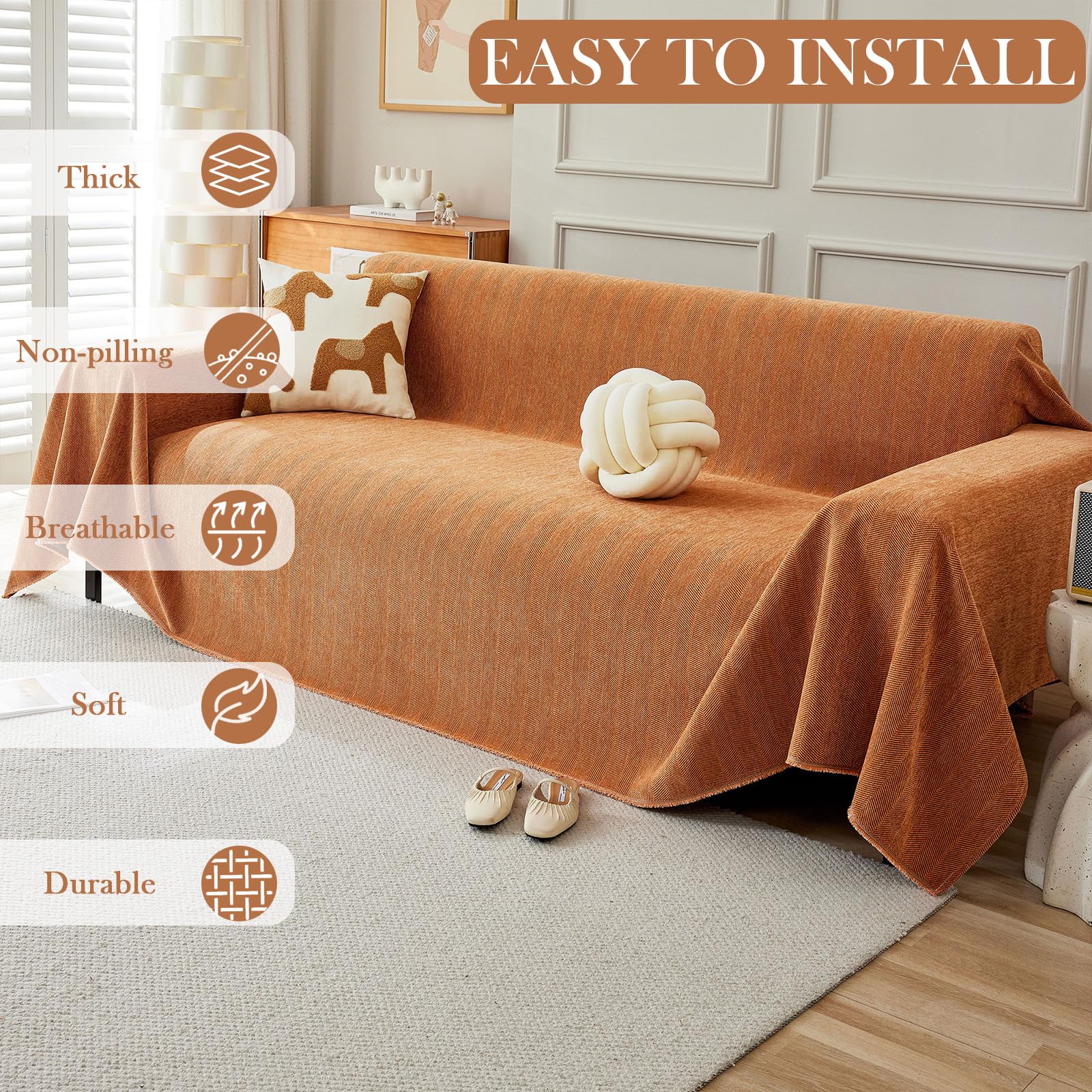 Handontime Dark Orange Sofa Covers Couch Cover For Dogs Colorful Tassel Sofa Seat Cover Lovetseat Cover Pet Couch Cover Bohemian Sofa Cover For Couch Vintage Boho Couch Covers Futon Cover, 91' X150'