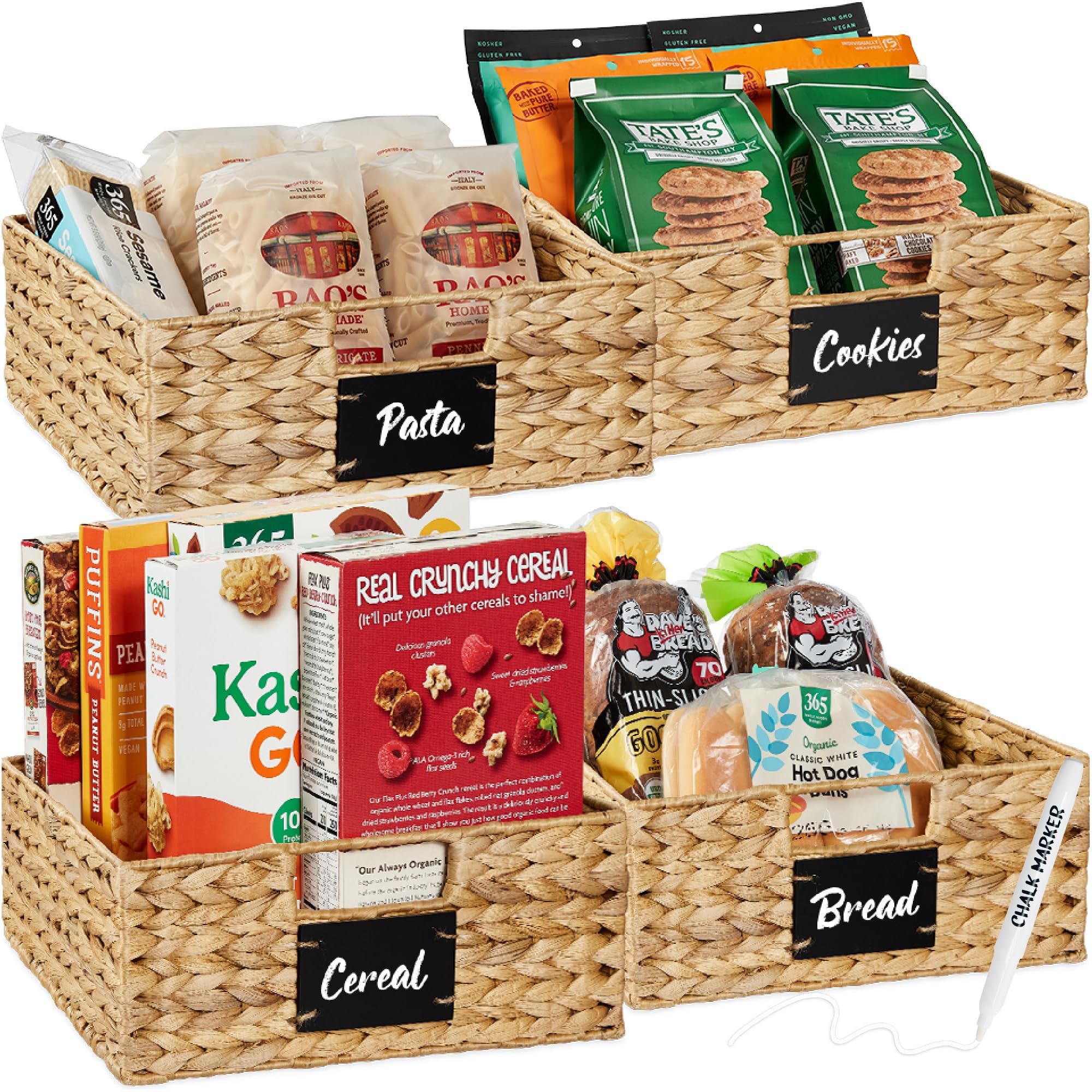 Best Choice Products Set of 4 13x12in Water Hyacinth Pantry Baskets, Woven Organizers w/Chalkboard Label, Chalk Marker - Natural